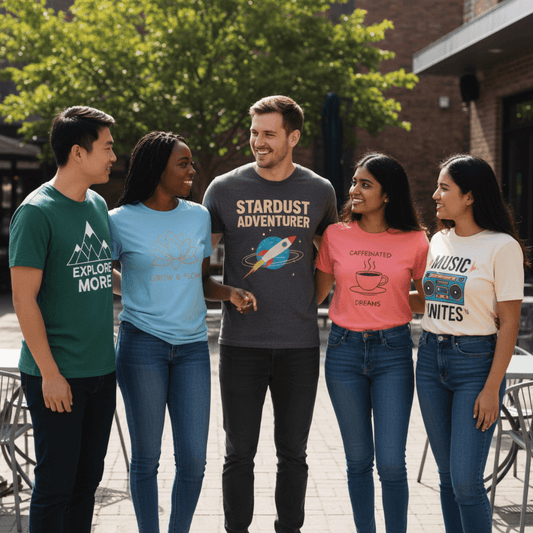 Group of friends wearing t-shirts all standing outside chatting