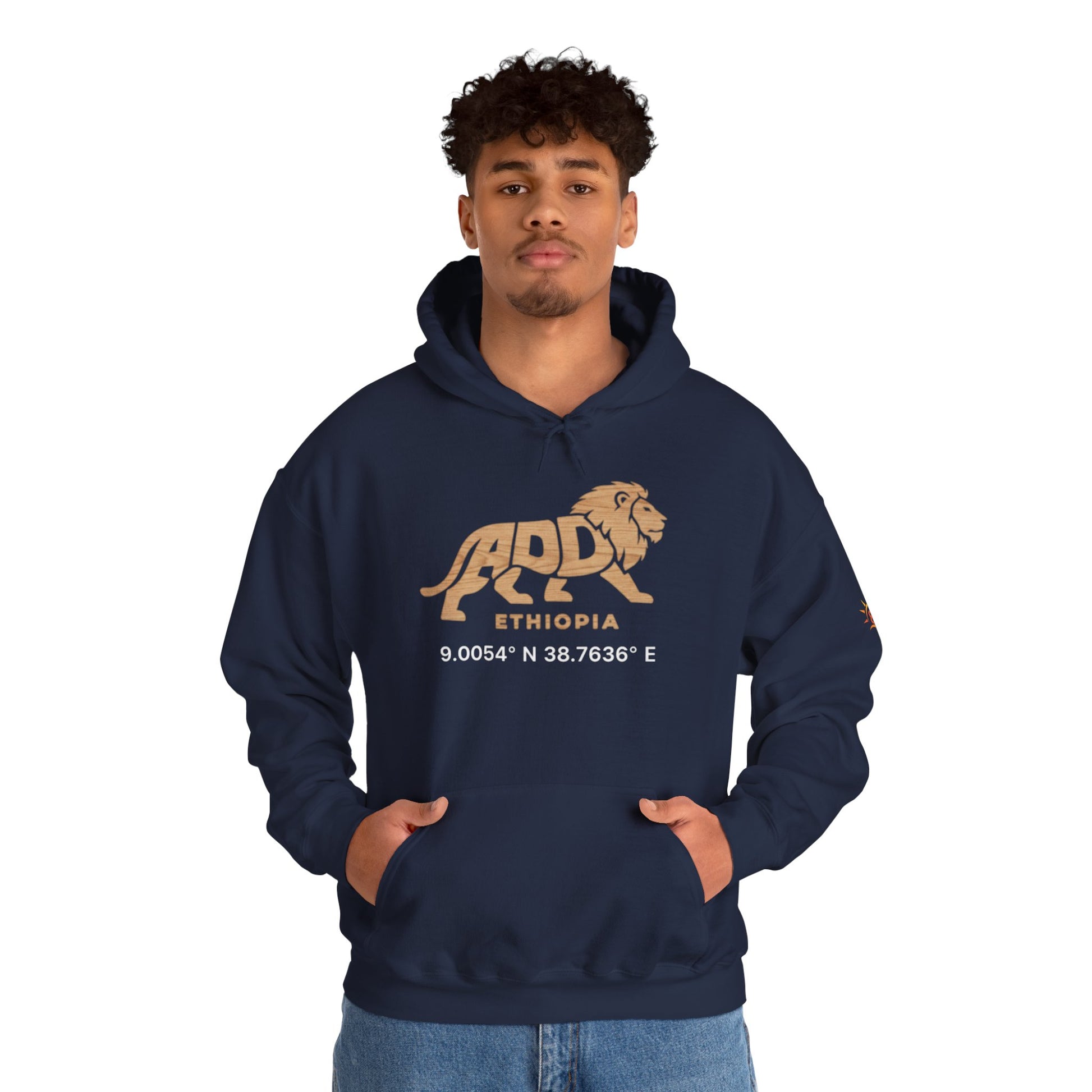 Man wearing a navy blue hoodie with a lion logo and Addis Ababa, Ethiopia coordinates