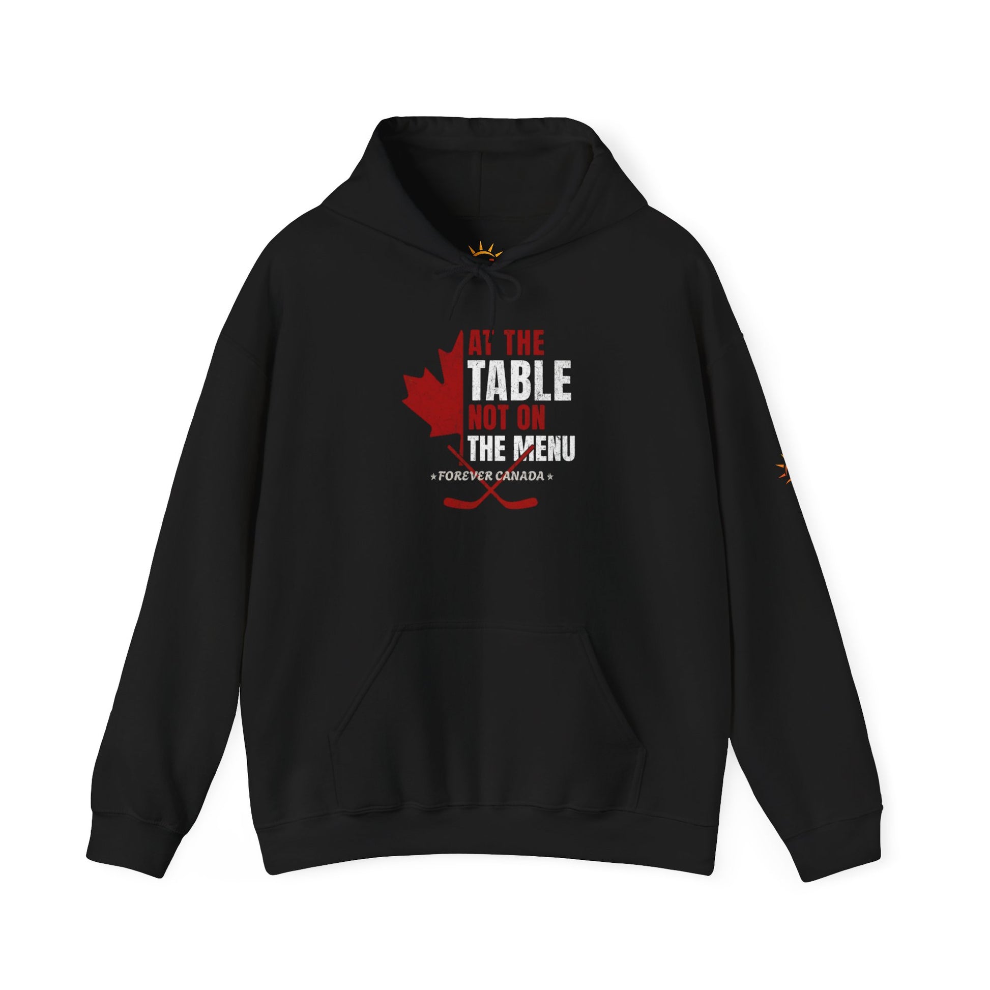 A black hoodie with a red and white graphic design. We are at the table not on the menu