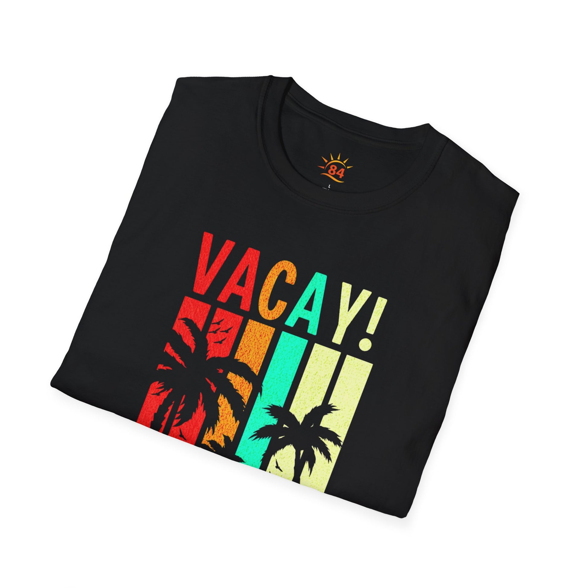 A folded black t-shirt with 'VACAY! TIME TO BEACH' text and palm tree graphics