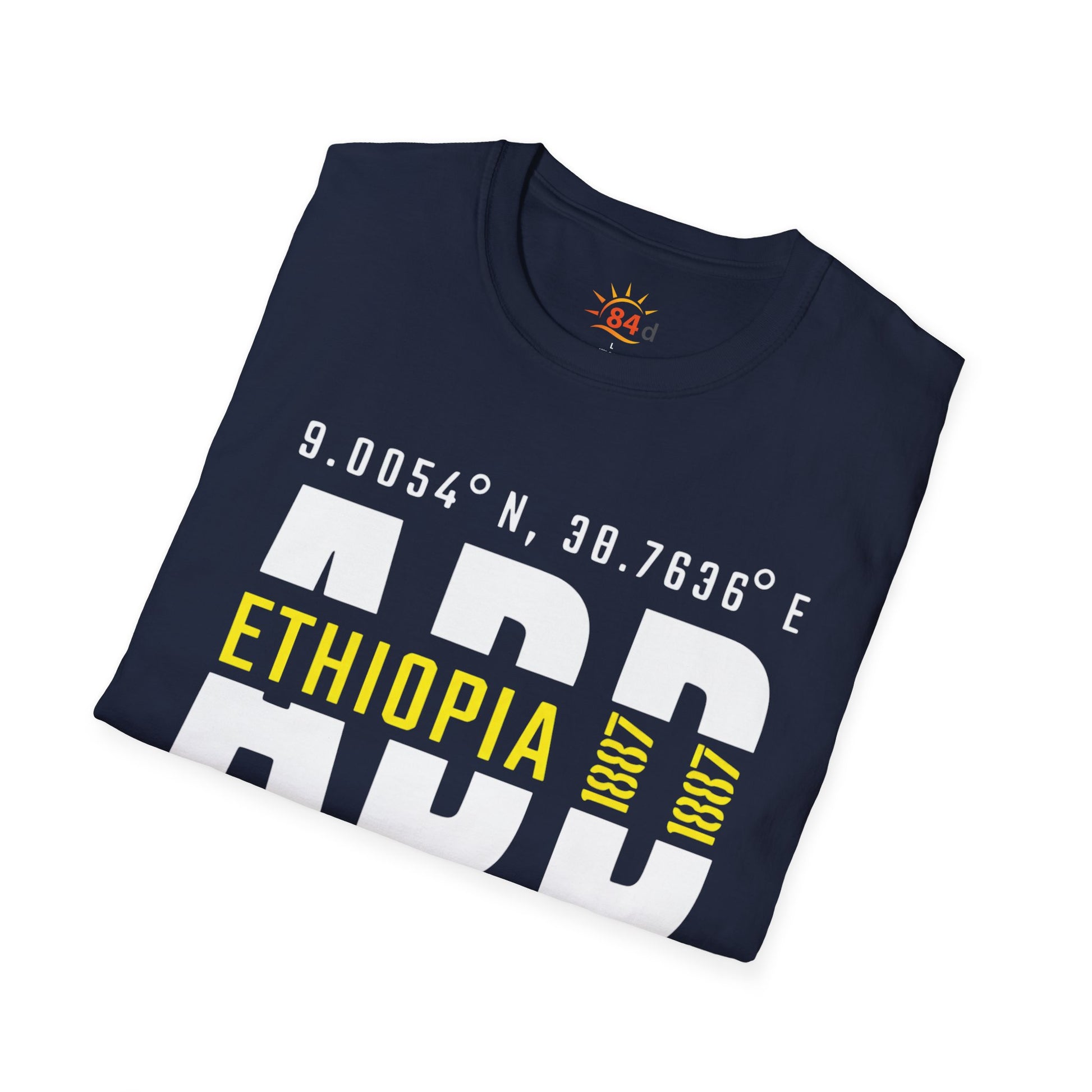 A folded navy blue t-shirt with Addis Ababa, Ethiopia, ADD Airport code and coordinates 