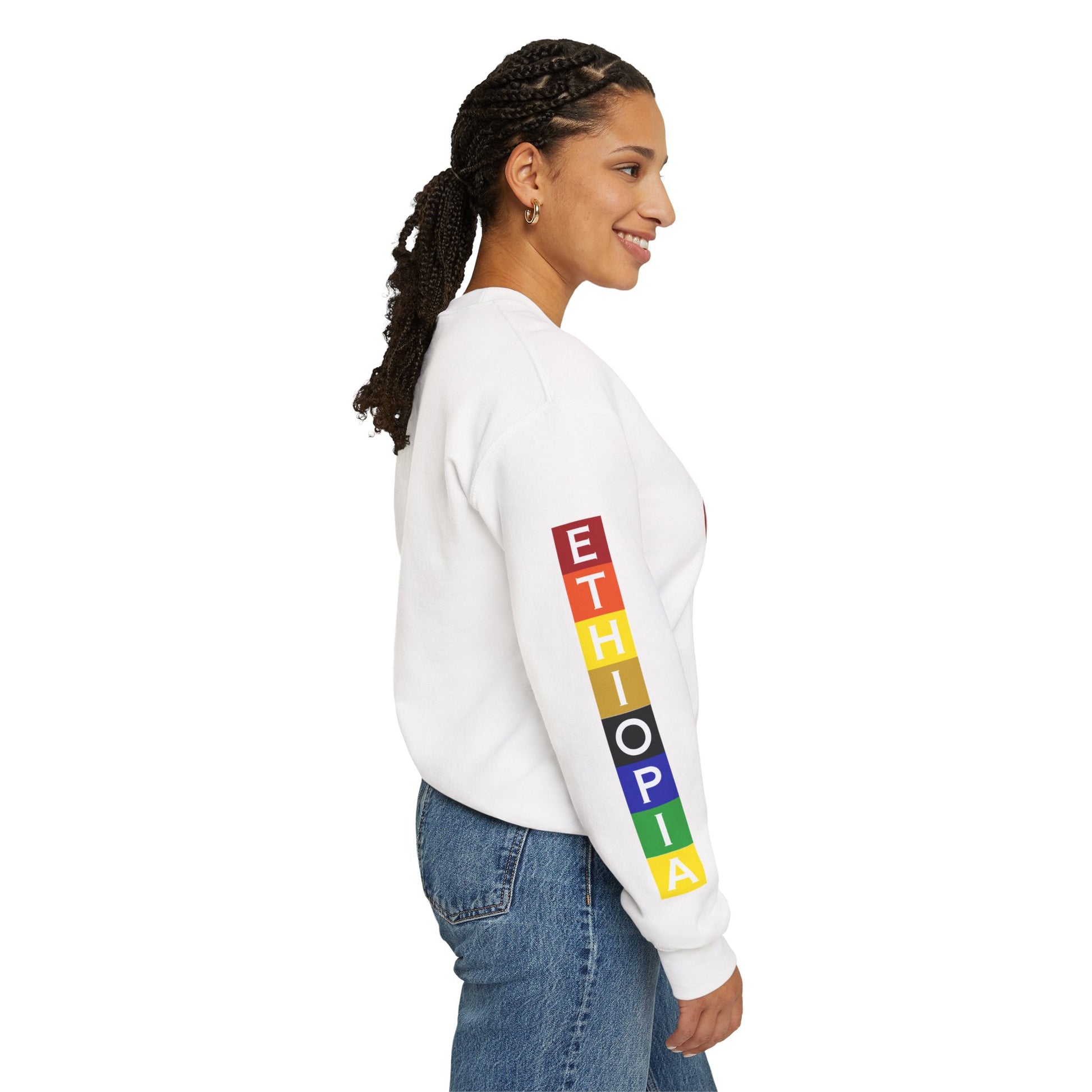 Woman wearing a white Addis, Ethiopia, color block,  long-sleeve sweat shirt, side view.