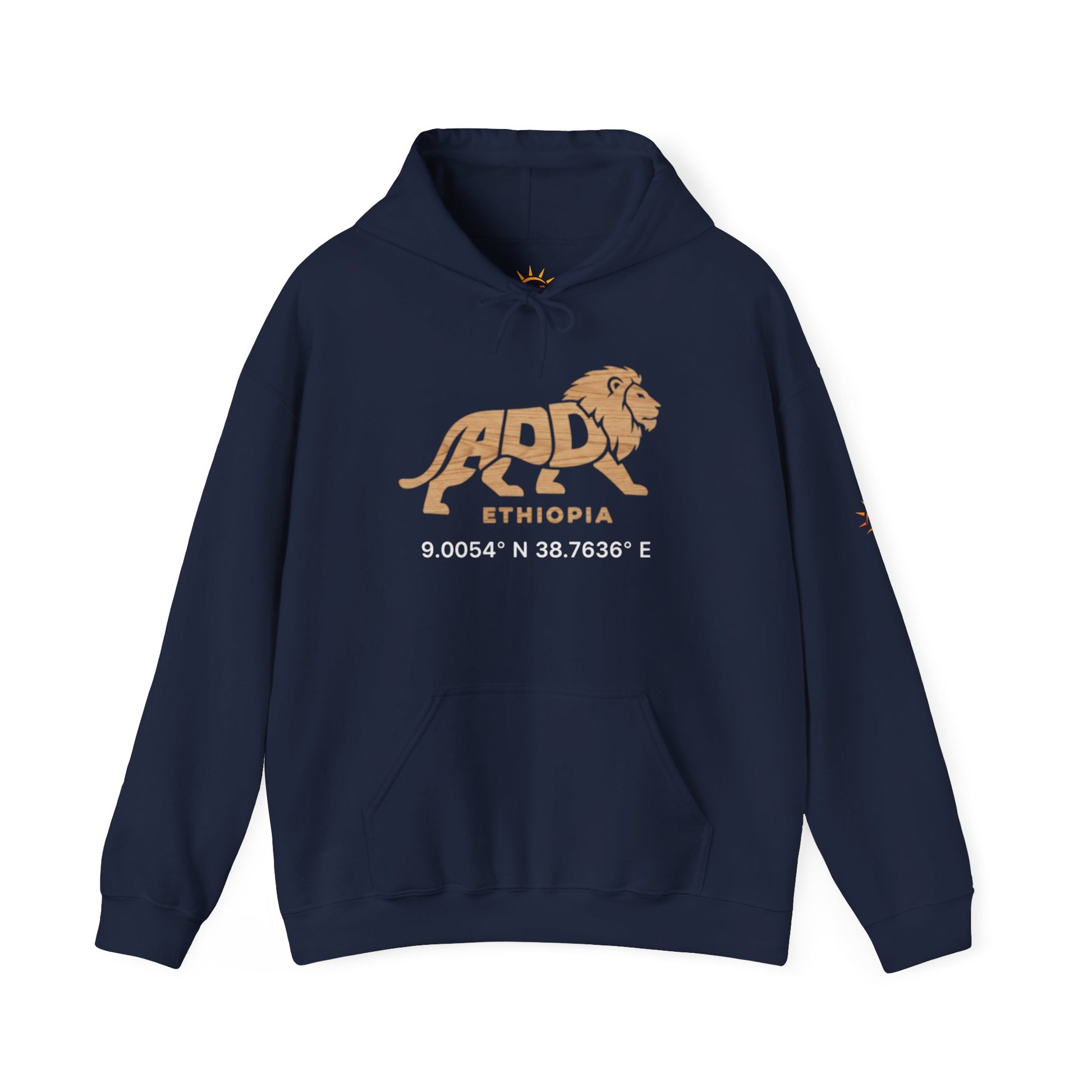 A navy blue hoodie with a lion logo and Addis Ababa, Ethiopia coordinates.