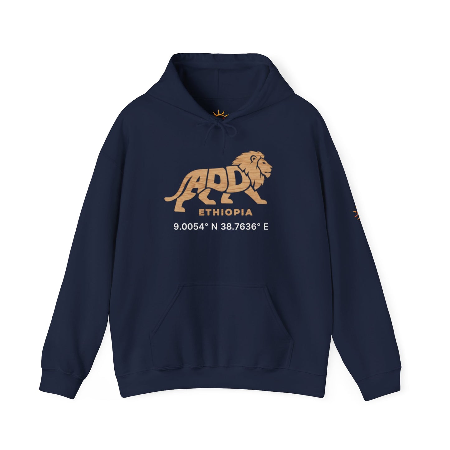 A navy blue hoodie with a lion logo and Addis Ababa, Ethiopia coordinates.