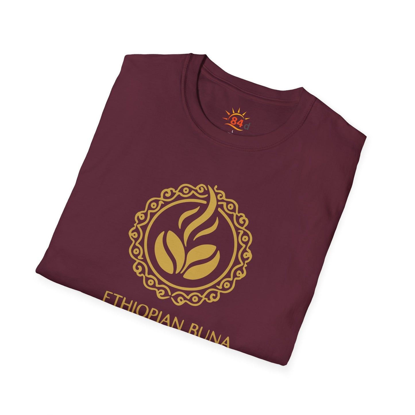 A folded maroon Ethiopian Buna graphic print t-shirt