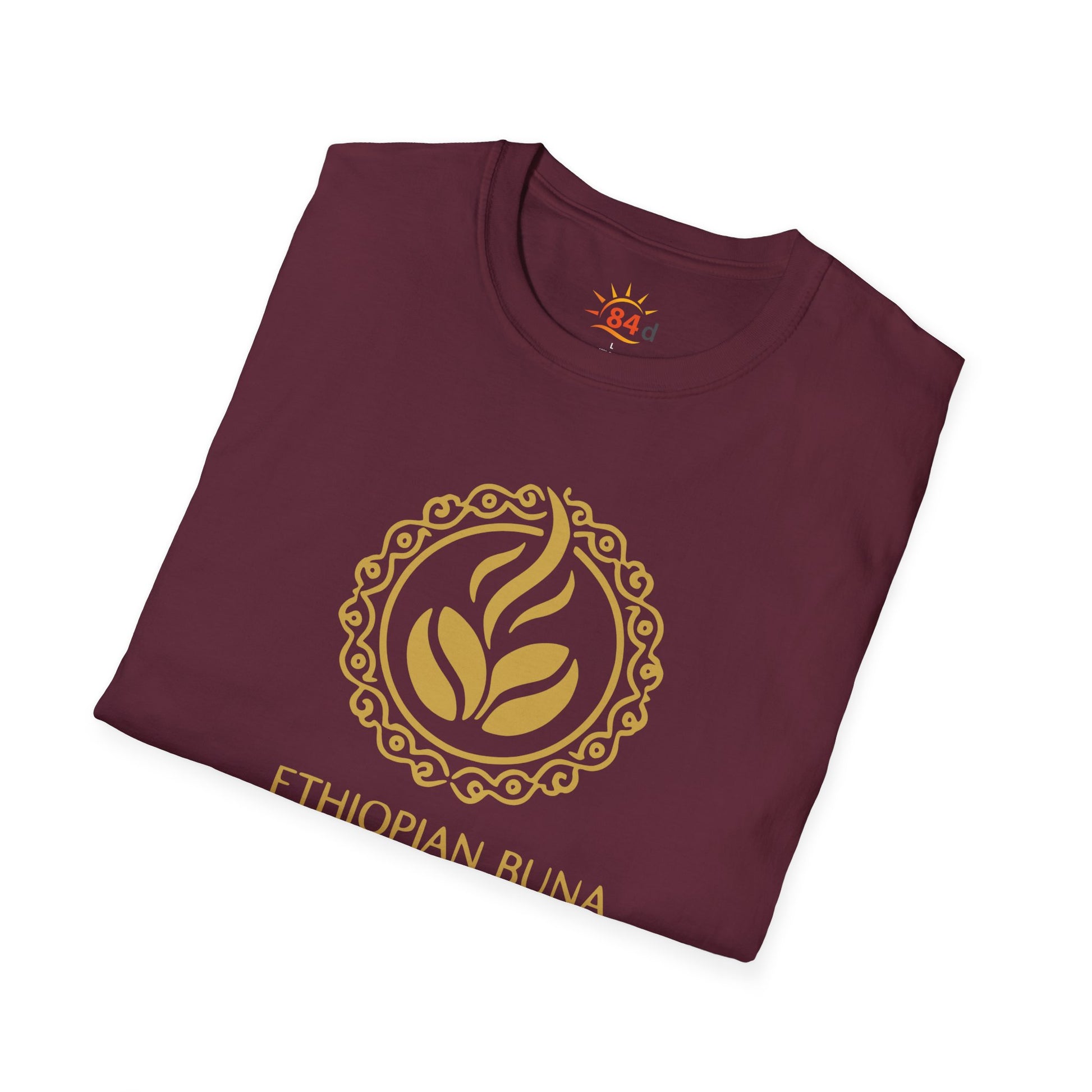 A folded maroon Ethiopian Buna graphic print t-shirt