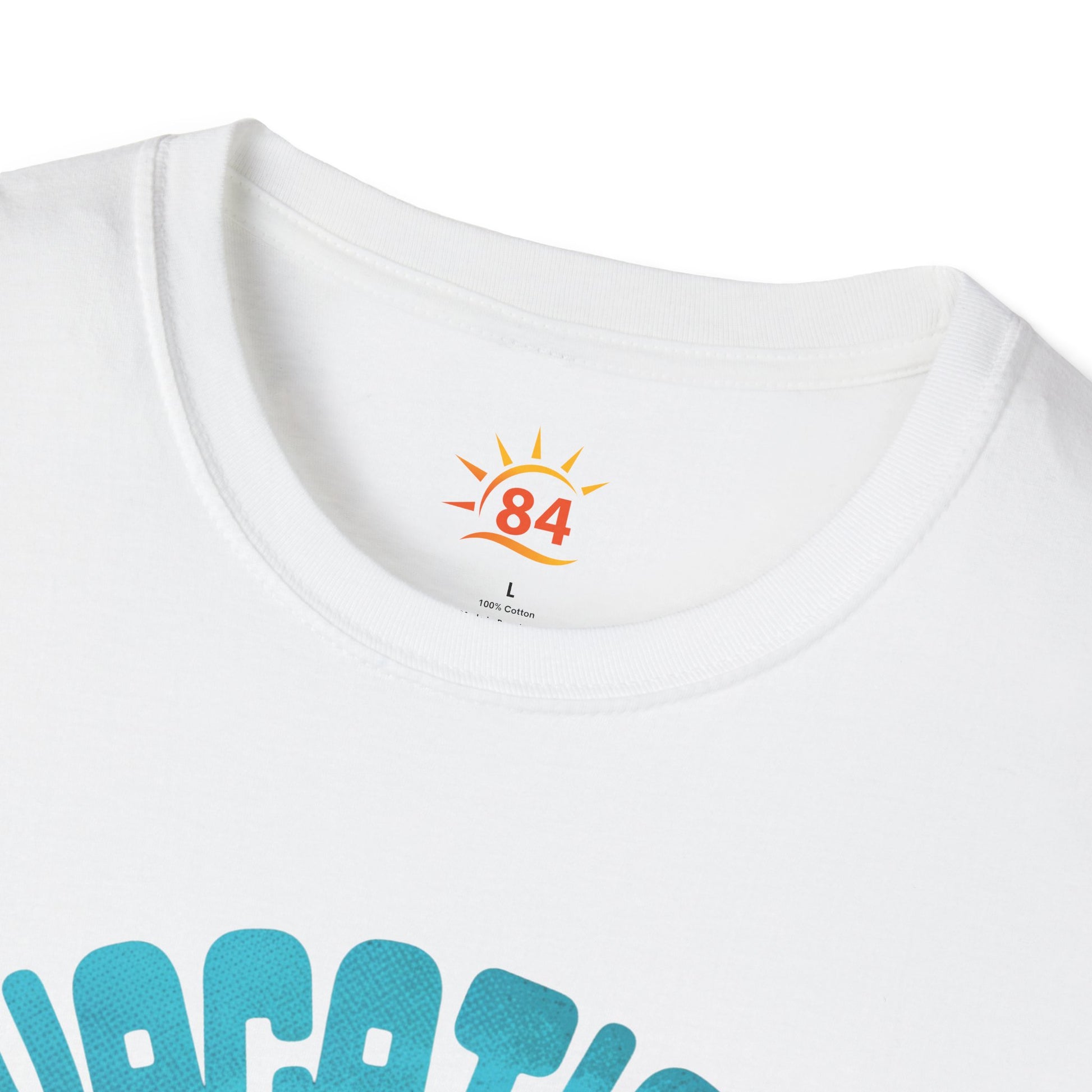 A folded white t-shirt with a dog wearing sunglasses and text that says Vacation Vibes Take a Paws! Time to chill. 