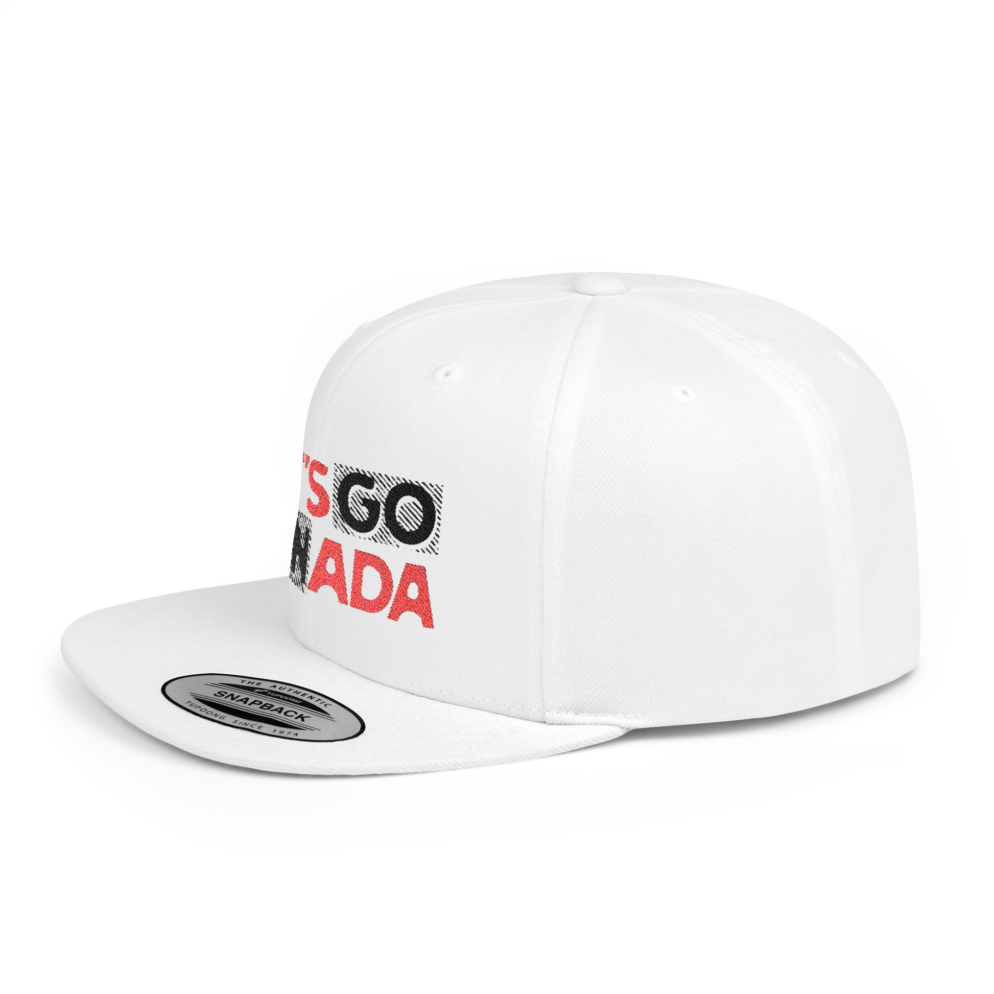 A white snapback cap with 'Let's Go Canada' text