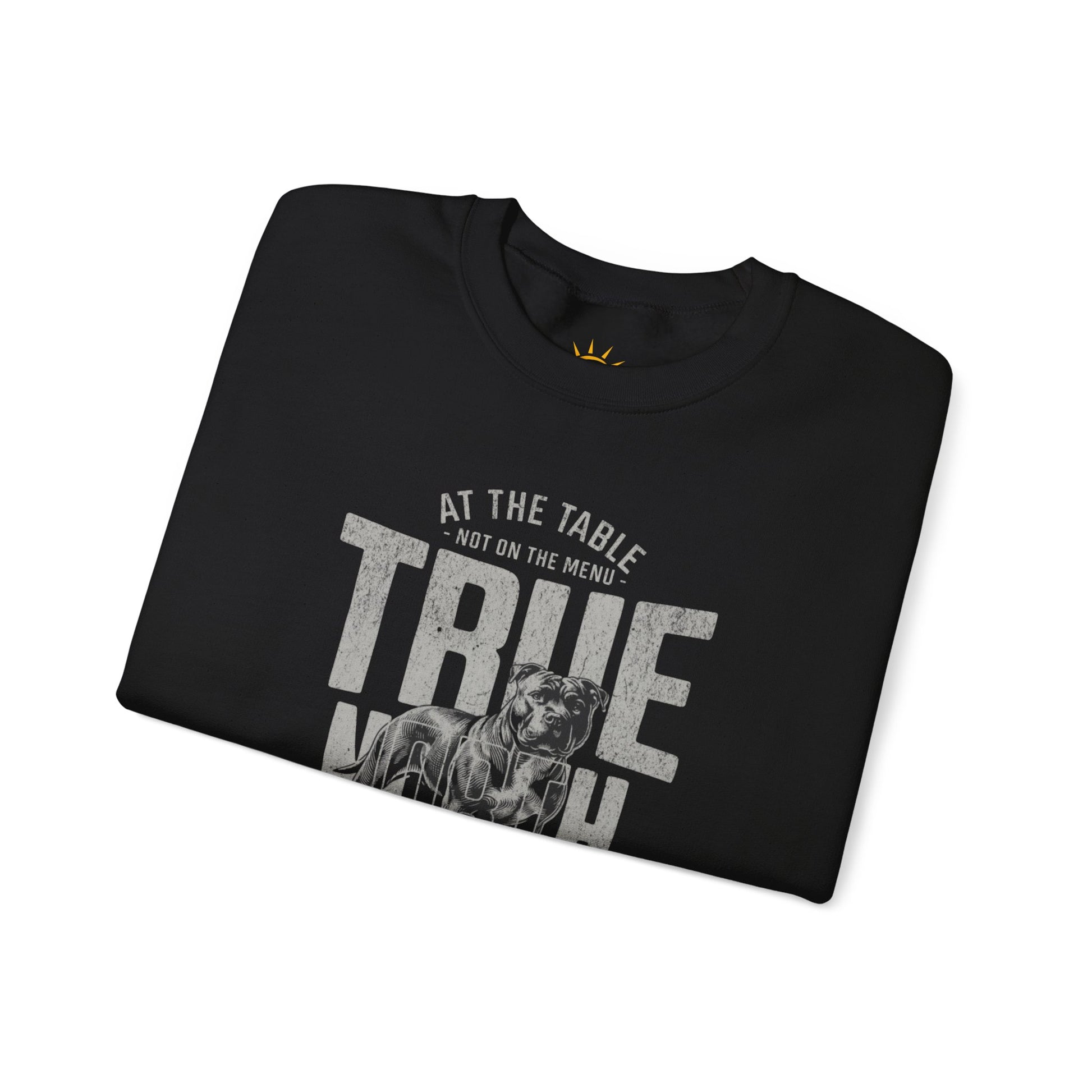 A folded black sweatshirt with text and graphics, True North Strong.