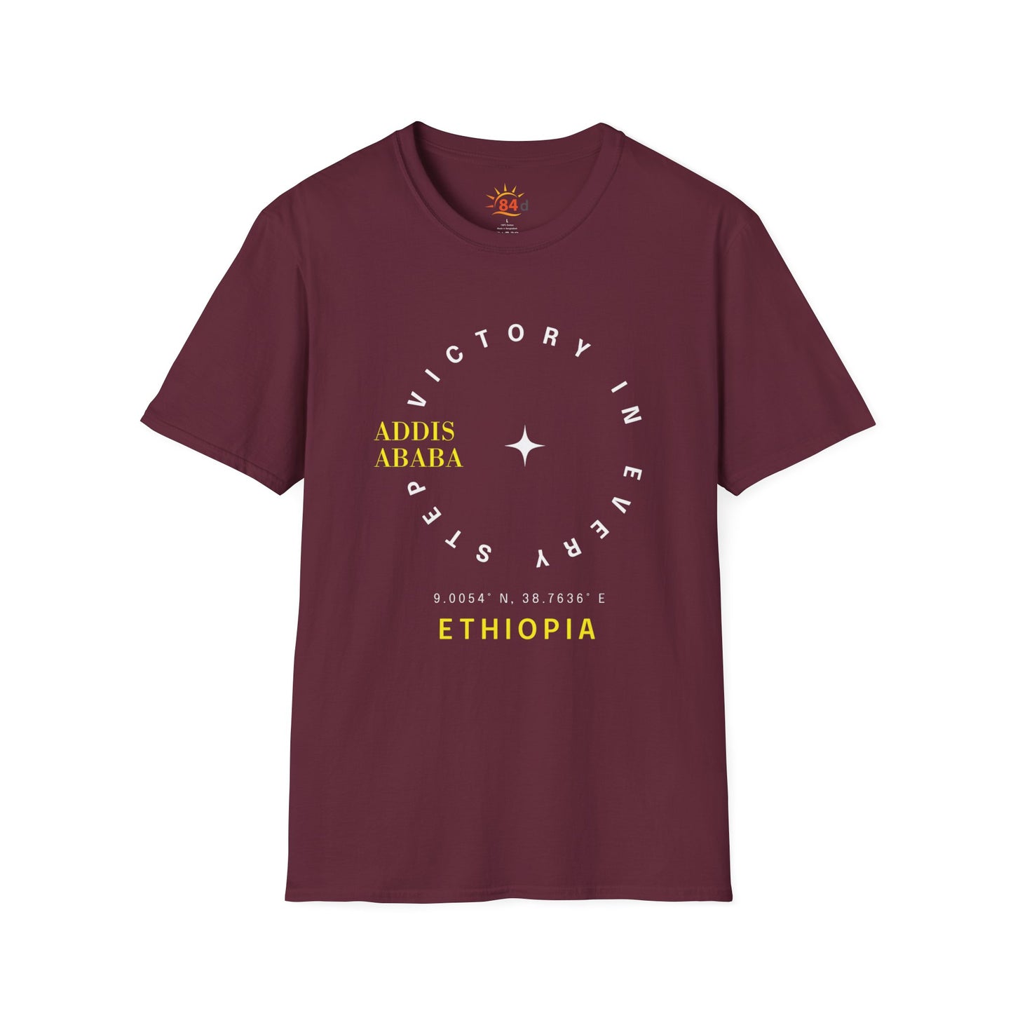 Maroon Ethiopian, Addis Ababa, minimalist, t-shirt with yellow and white text on a white background