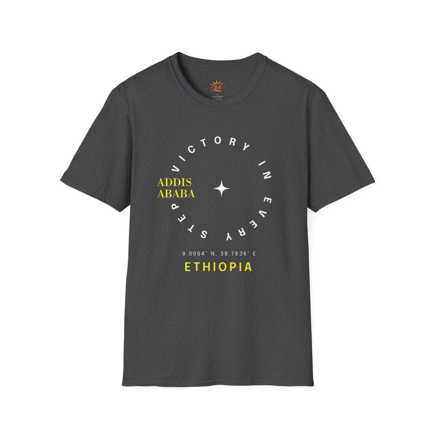 Gray Ethiopian, Addis Ababa, minimalist, t-shirt with yellow and white text on a white background