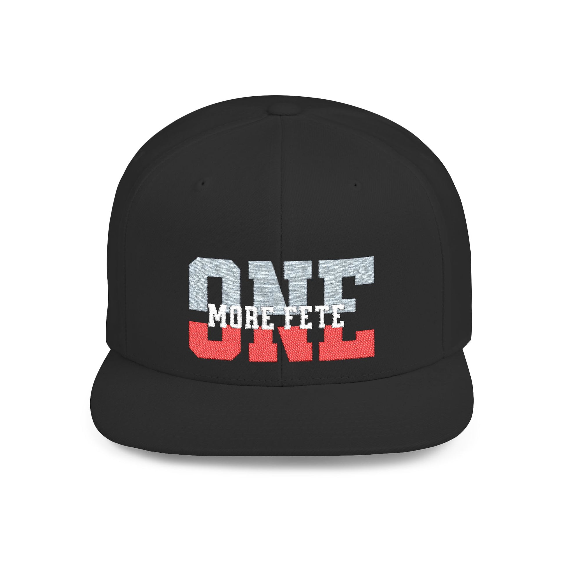 Black snap back cap with 'ONE MORE FETE' text on a white background