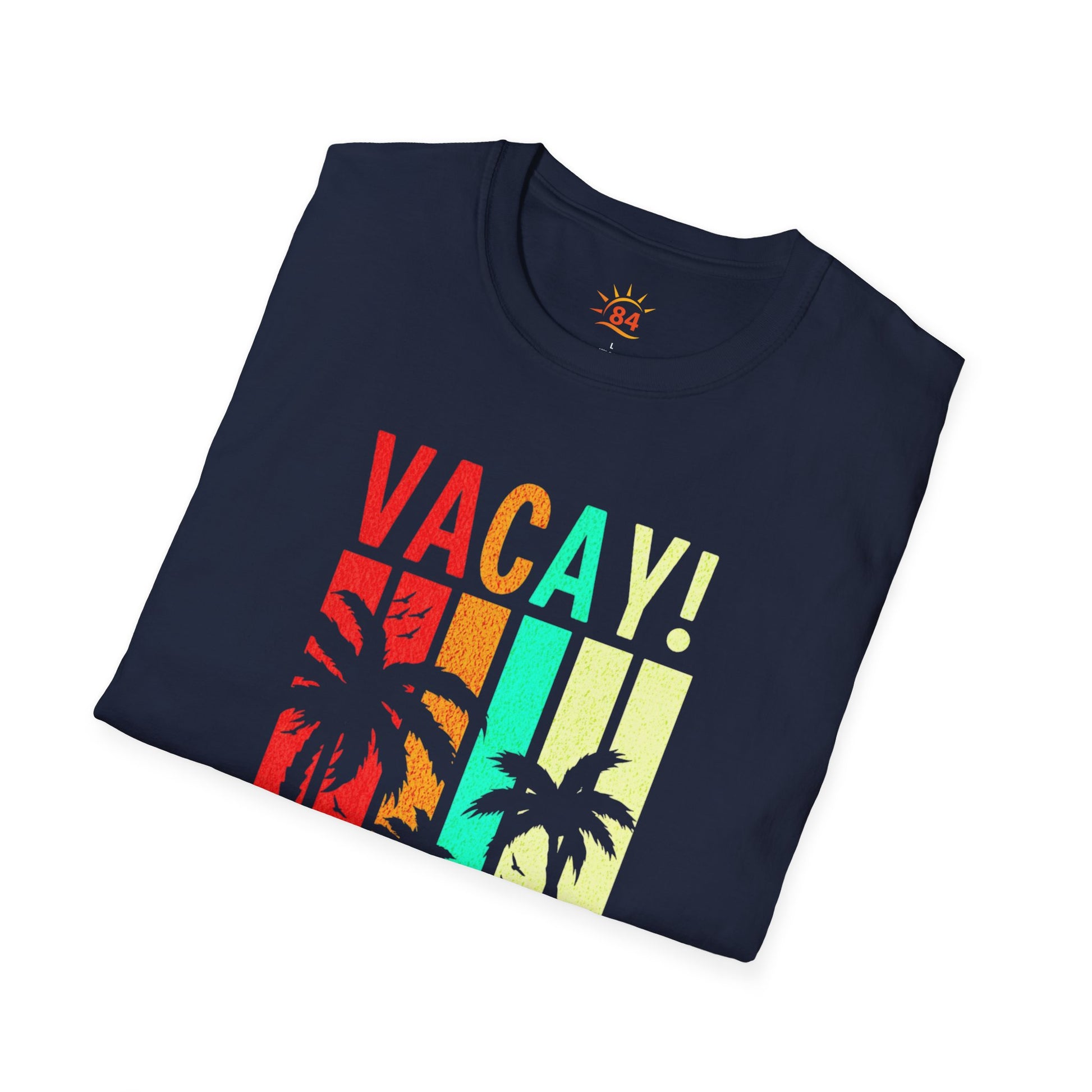 a folded navy blue t-shirt with 'VACAY! TIME TO BEACH' text and palm tree graphics