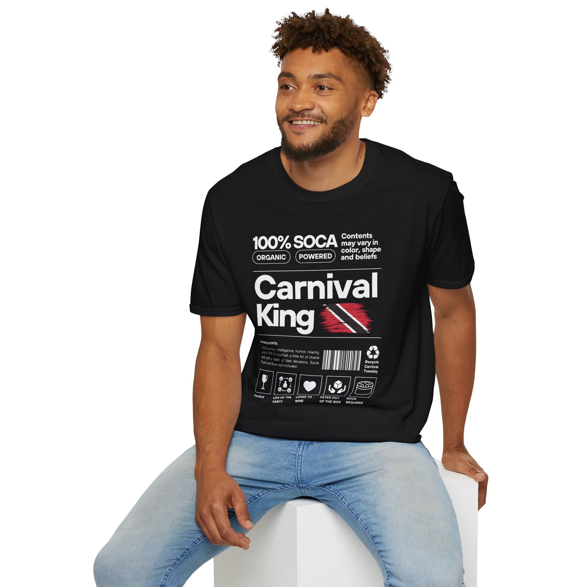 Man wearing a black t-shirt with 'Carnival King' text and graphics on a white background