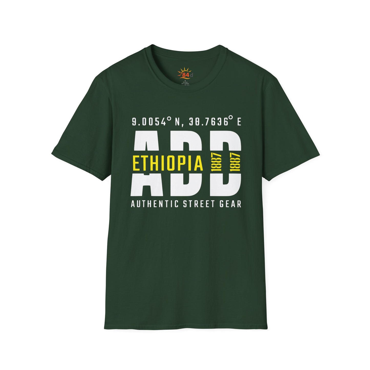 A green t-shirt with Addis Ababa, Ethiopia, ADD Airport code and coordinates.