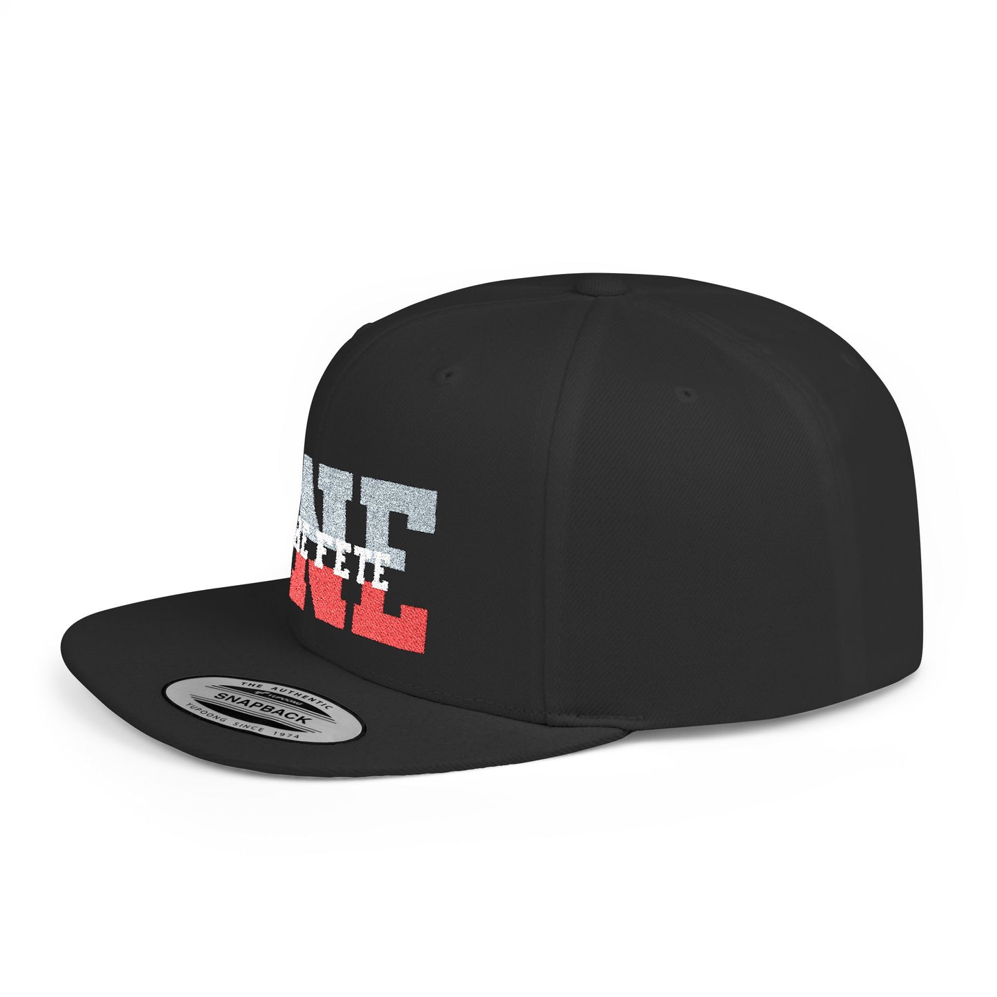 Black snapback cap with colorful text on a white background