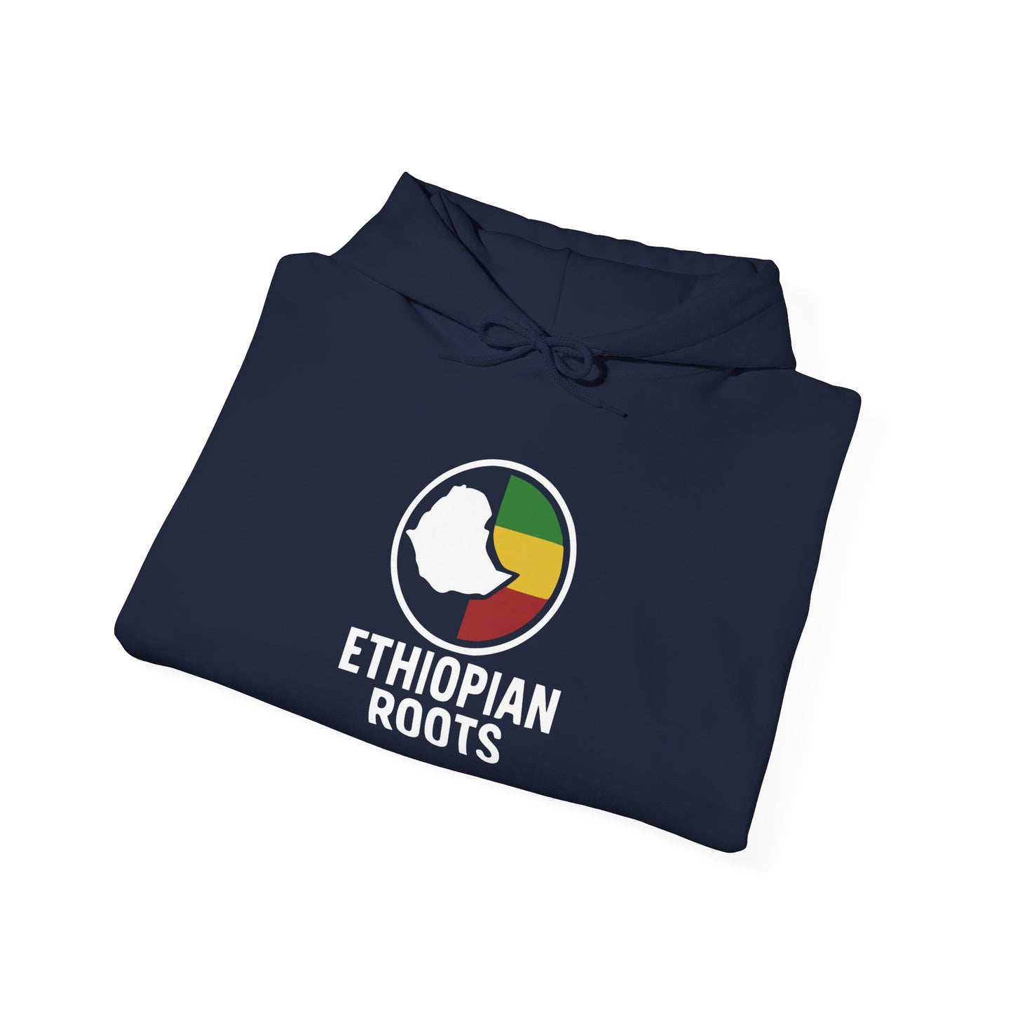A folded navy blue hoodie with 'Ethiopian Roots' flag and map design