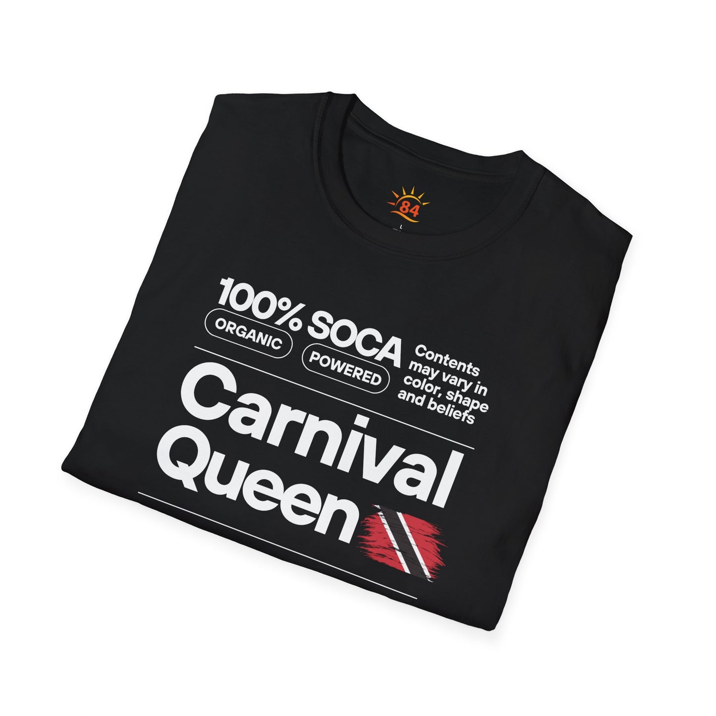 Folded Black t-shirt with 'Carnival Queen' text and branding on a white background