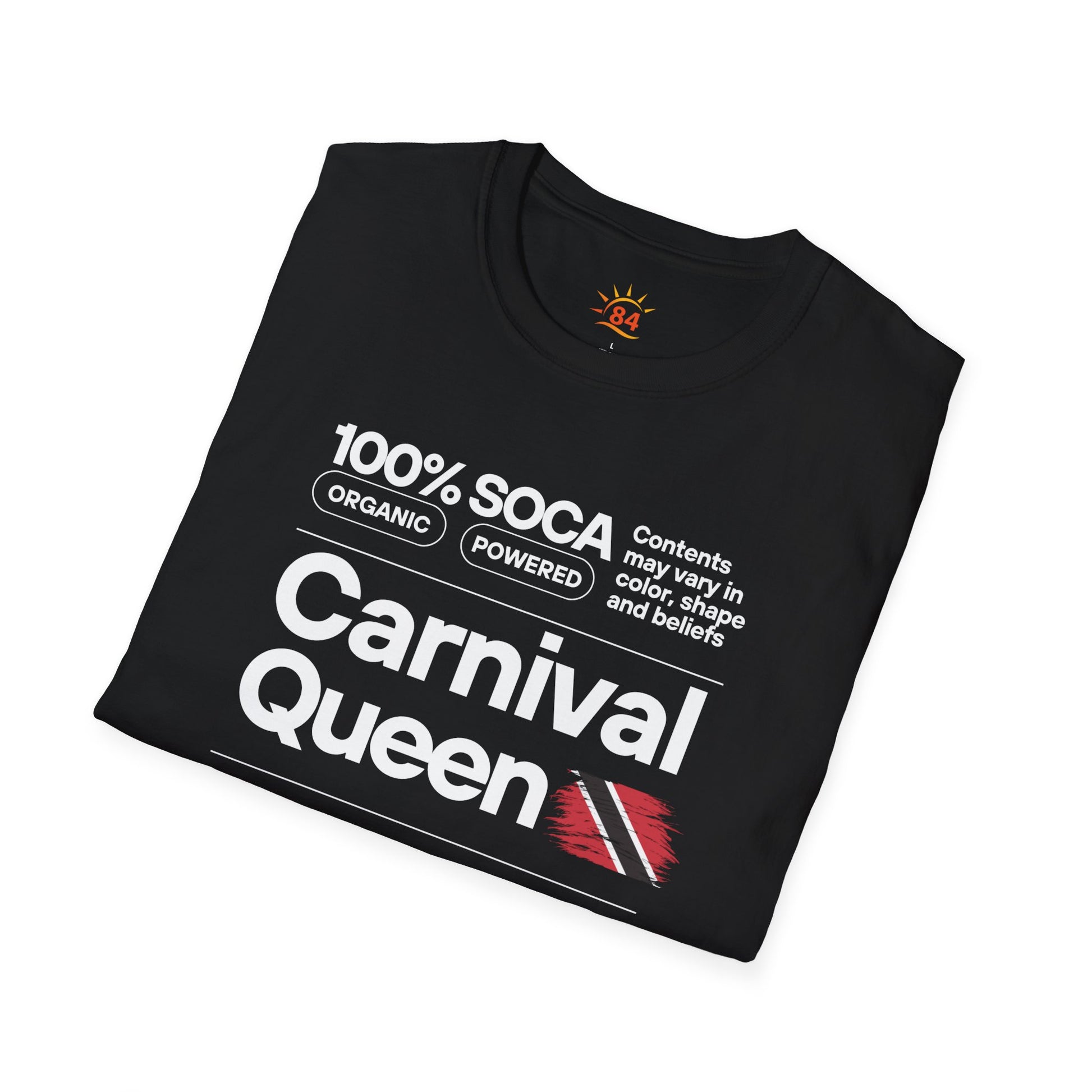 Folded Black t-shirt with 'Carnival Queen' text and branding on a white background