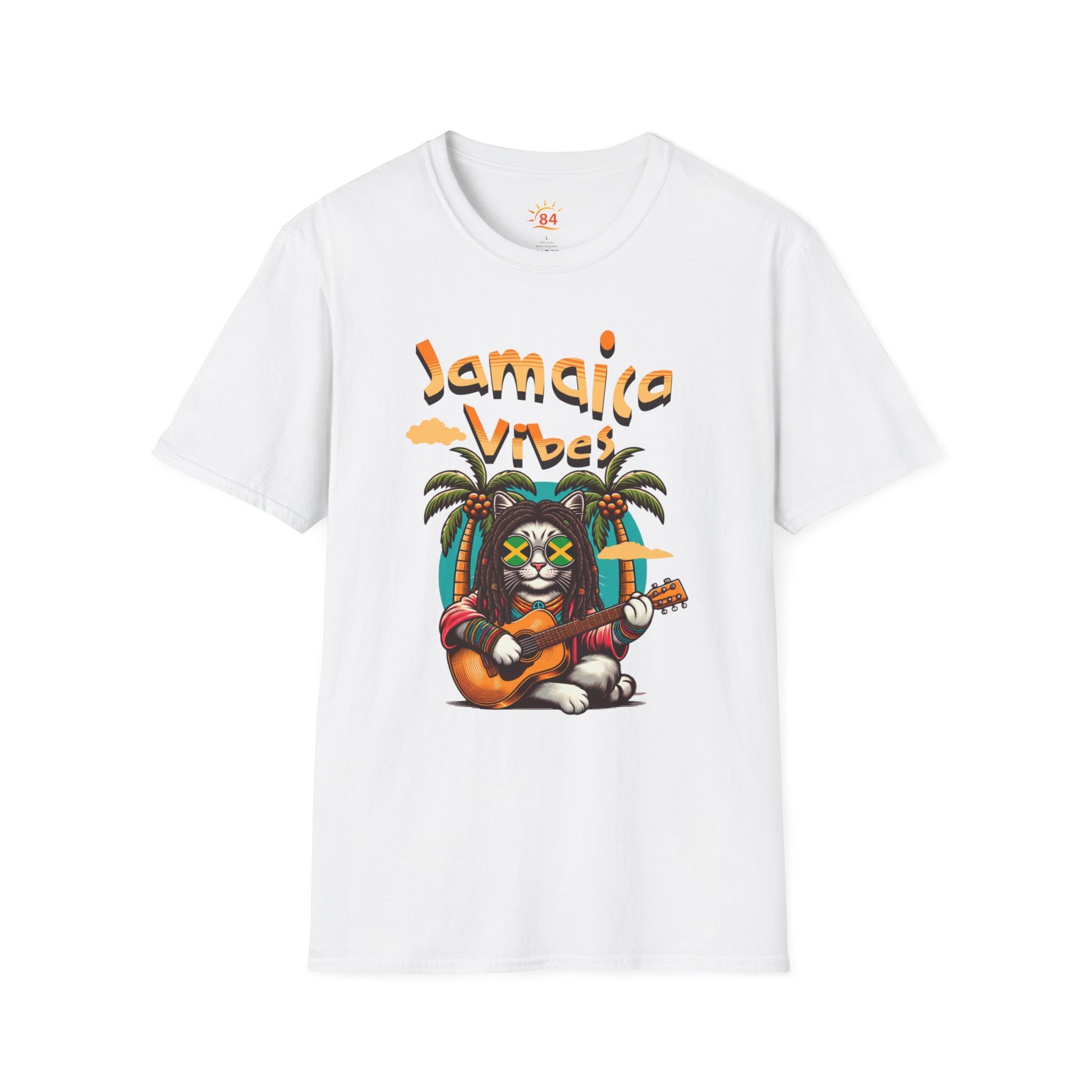 A white t-shirt with Jamaica Vibes text and Jamaica flag reggae inspired graphic. 