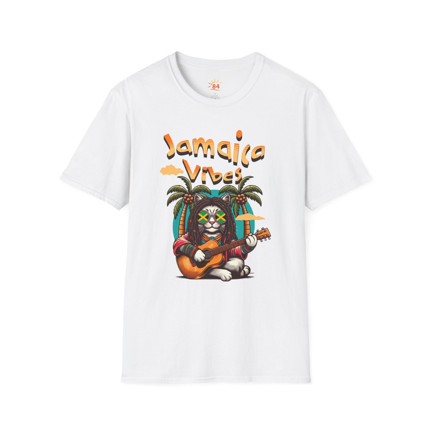 A white t-shirt with Jamaica Vibes text and Jamaica flag reggae inspired graphic. 