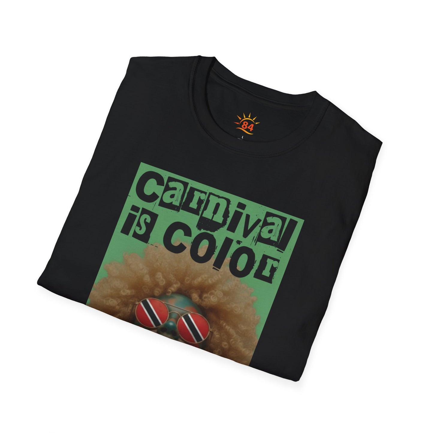 A folded black Carnival is Color Trinidad and Tobago t-shirt