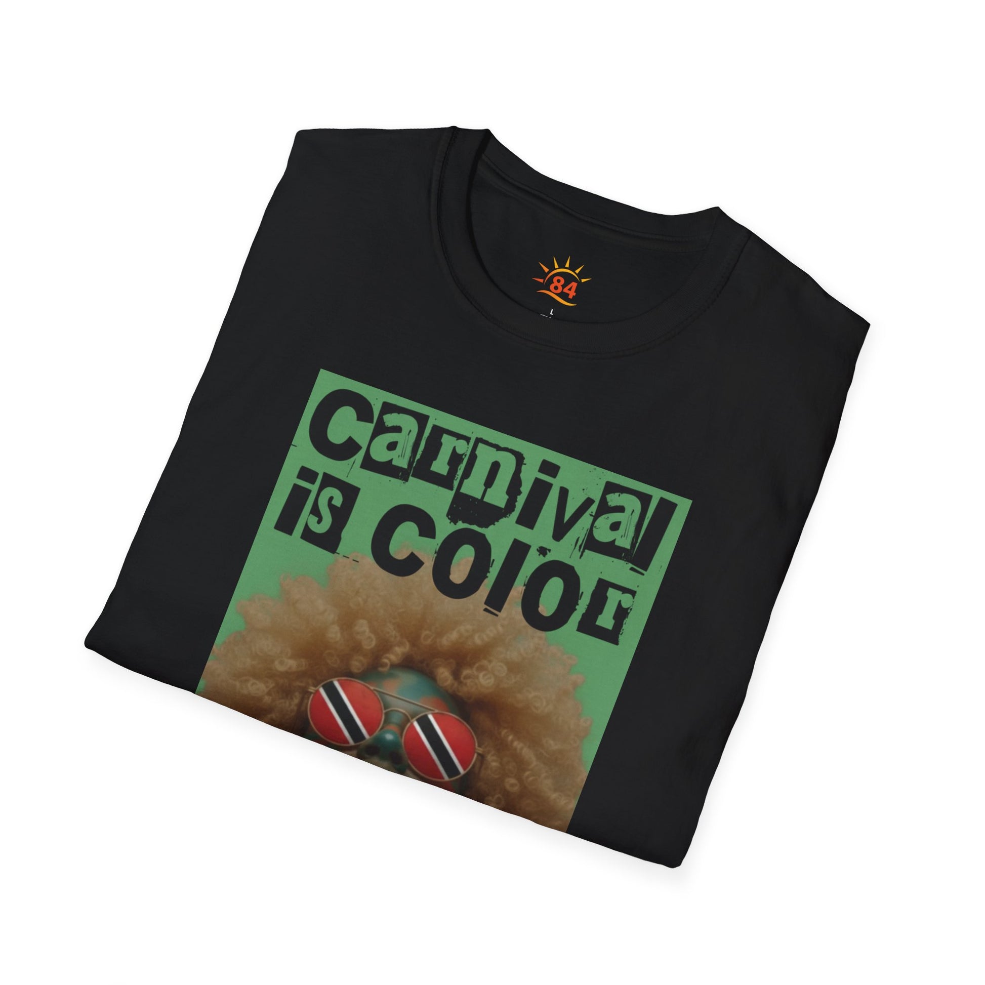 A folded black Carnival is Color Trinidad and Tobago t-shirt