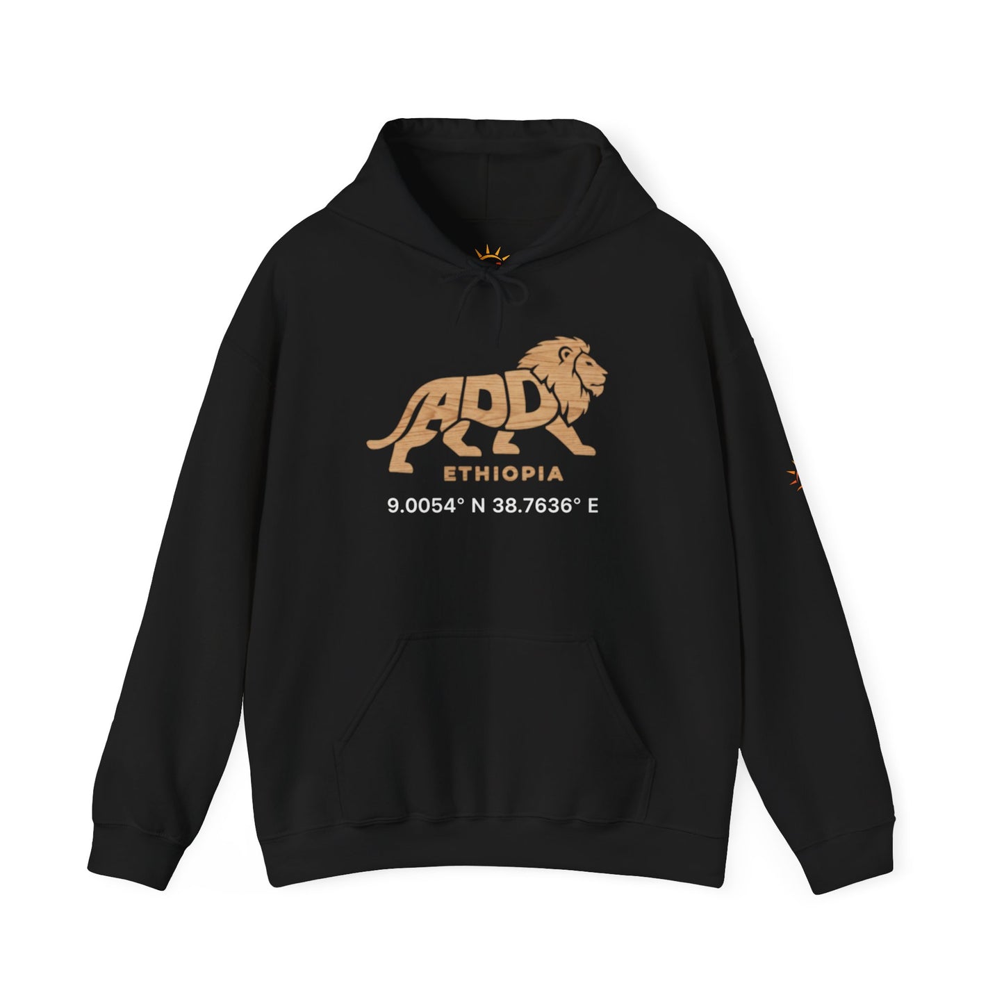 A black hoodie with a lion logo and Addis Ababa, Ethiopia coordinates.