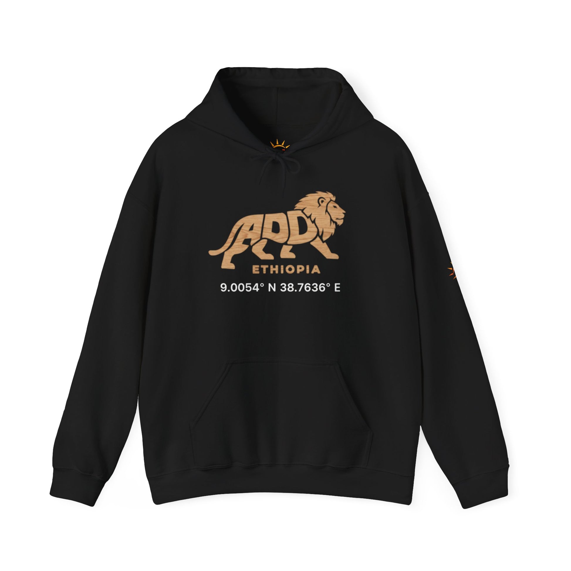 A black hoodie with a lion logo and Addis Ababa, Ethiopia coordinates.