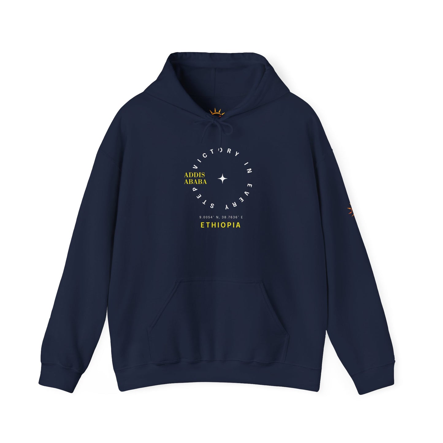 A navy blue Ethiopia Addis Ababa hoodie with coordinates text and graphics