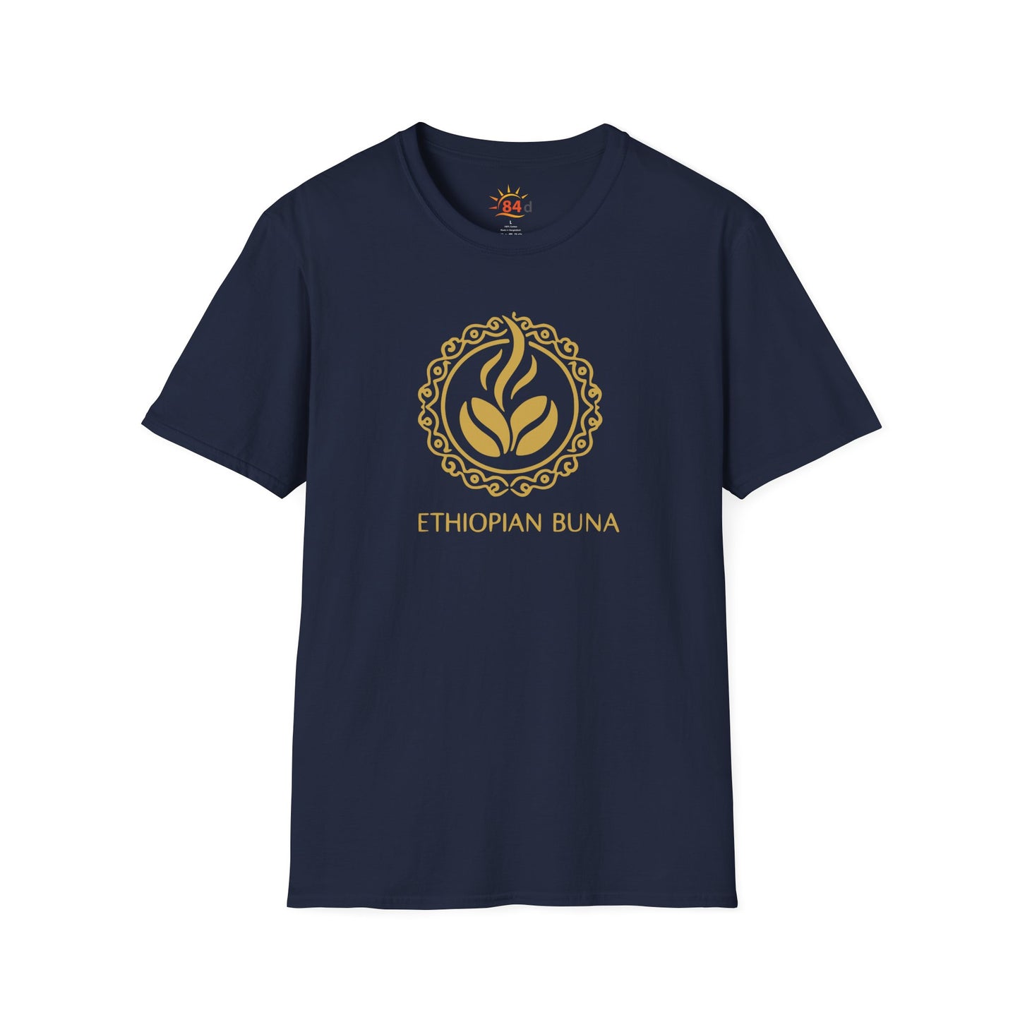 A navy blue Ethiopian Buna graphic print t-shirt