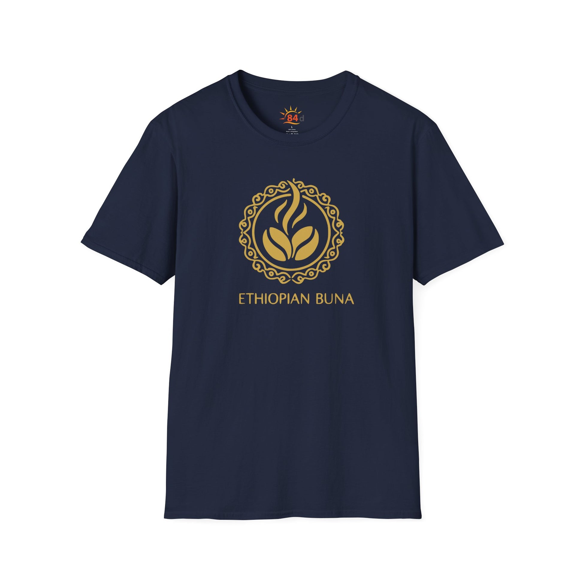 A navy blue Ethiopian Buna graphic print t-shirt