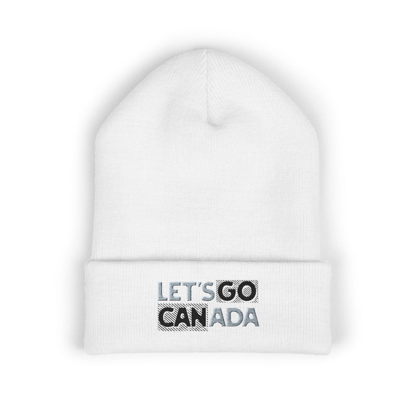 White beanie with 'Let's Go Canada' text on a white background