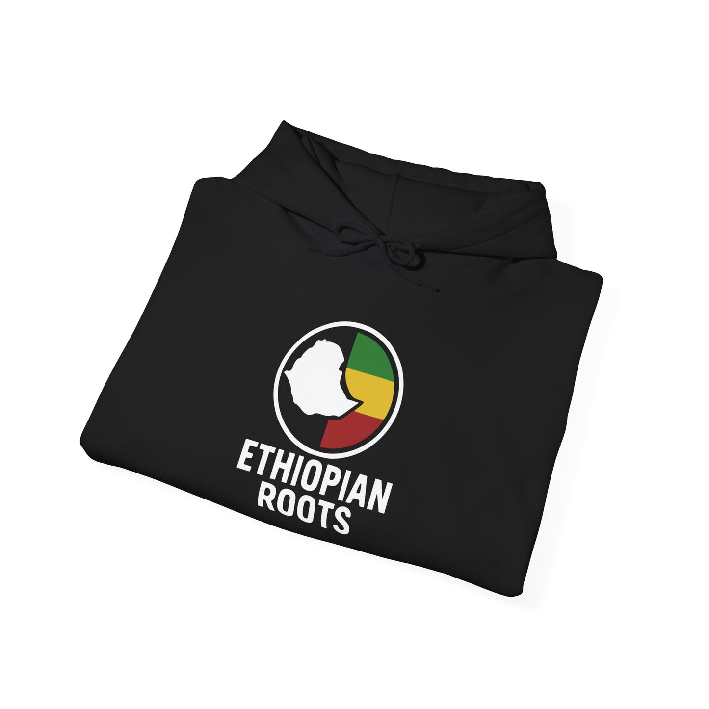 A folded black hoodie with 'Ethiopian Roots' flag and map design