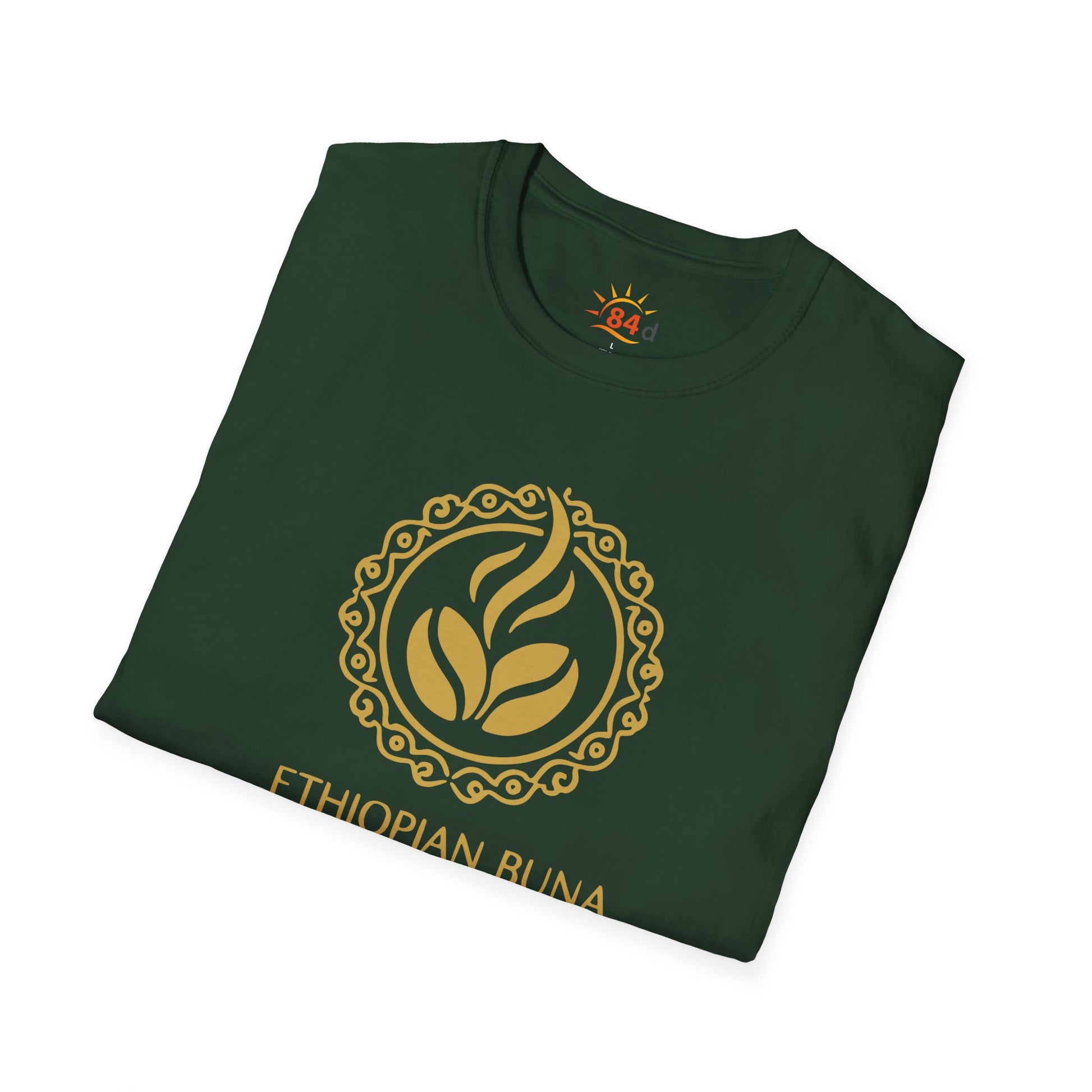 A folded forest green Ethiopian Buna graphic print t-shirt