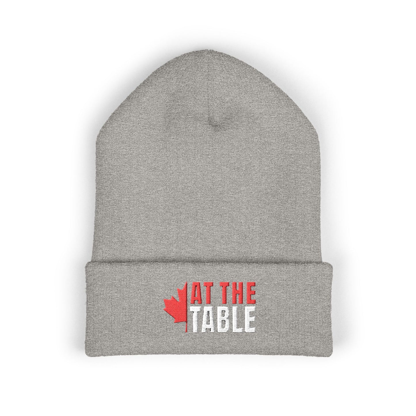 Gray beanie with red and white text on a white background