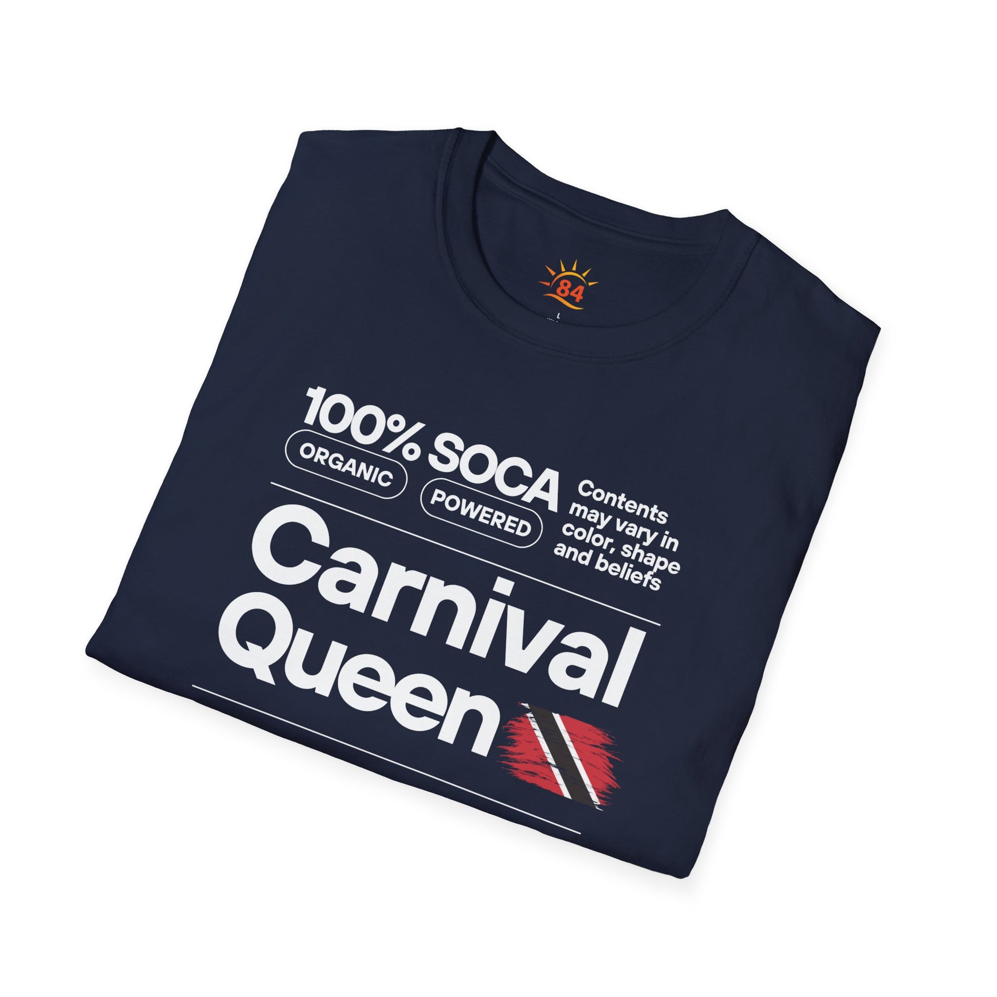 Folded navy blue t-shirt with 'Carnival Queen' text on a white background
