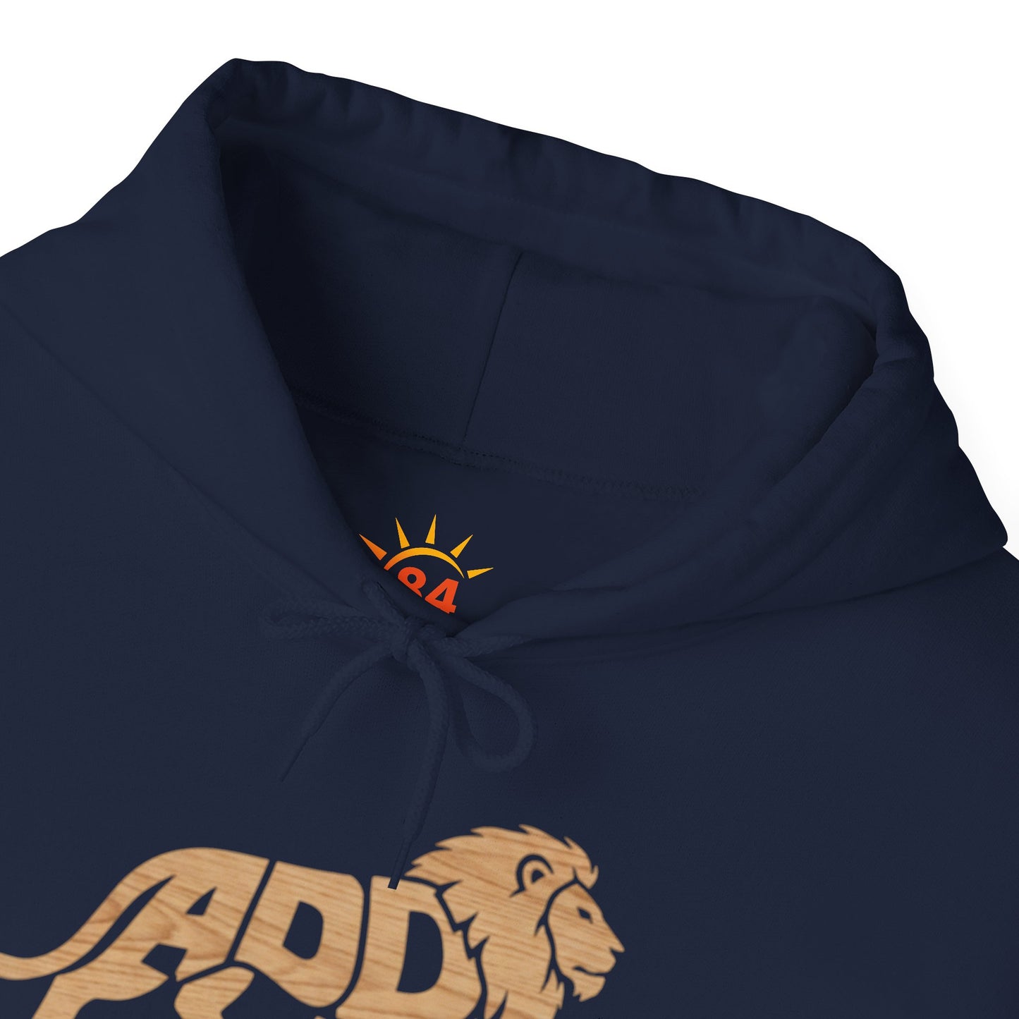 A folded navy blue hoodie with a lion logo and Addis Ababa, Ethiopia coordinates.