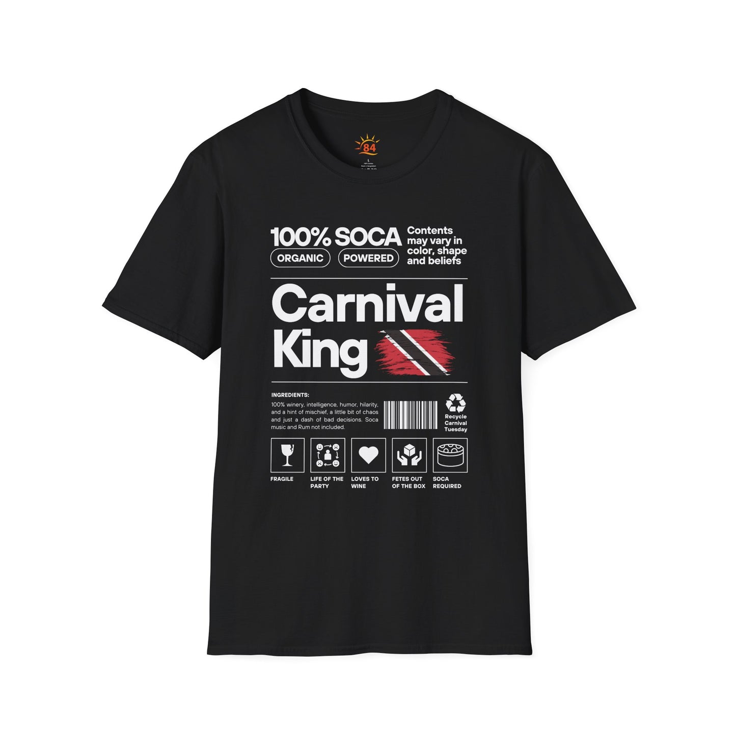 Black t-shirt with 'Carnival King' text and graphics on a white background