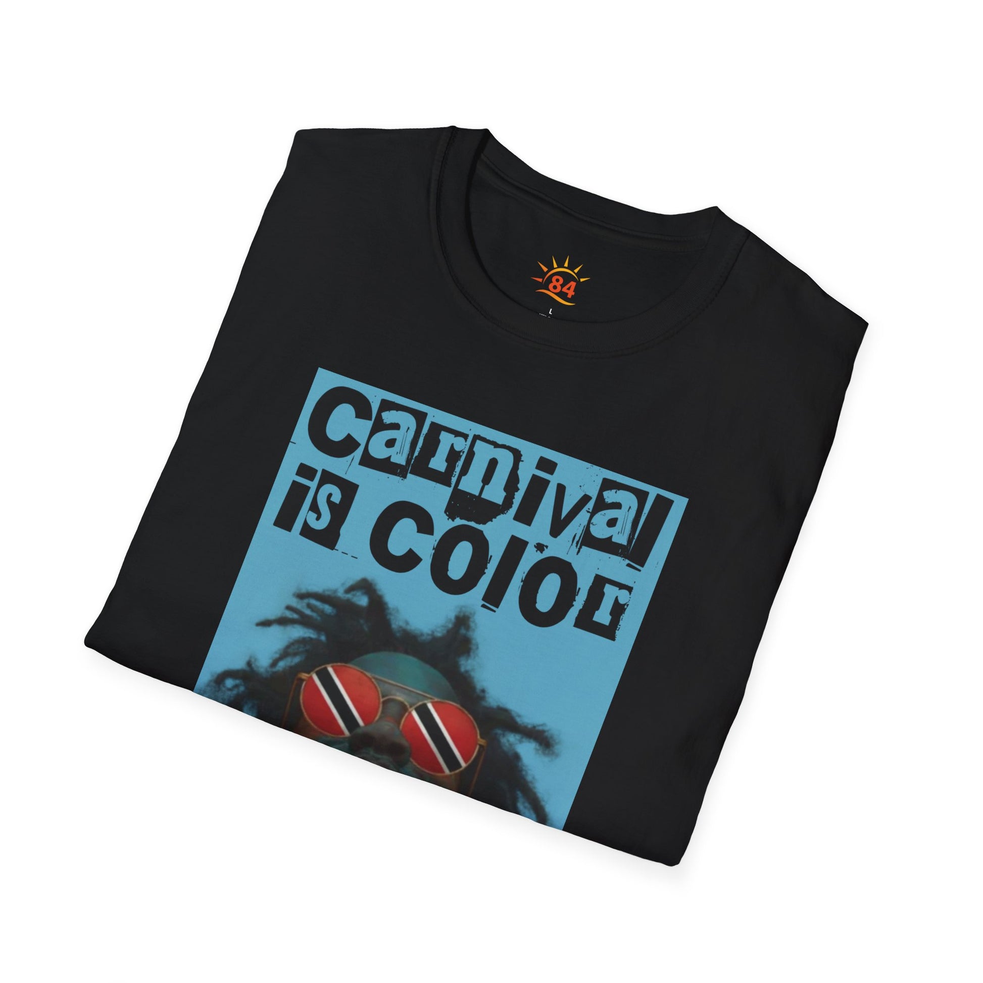A folded black Carnival is Color Trinidad and Tobago t-shirt