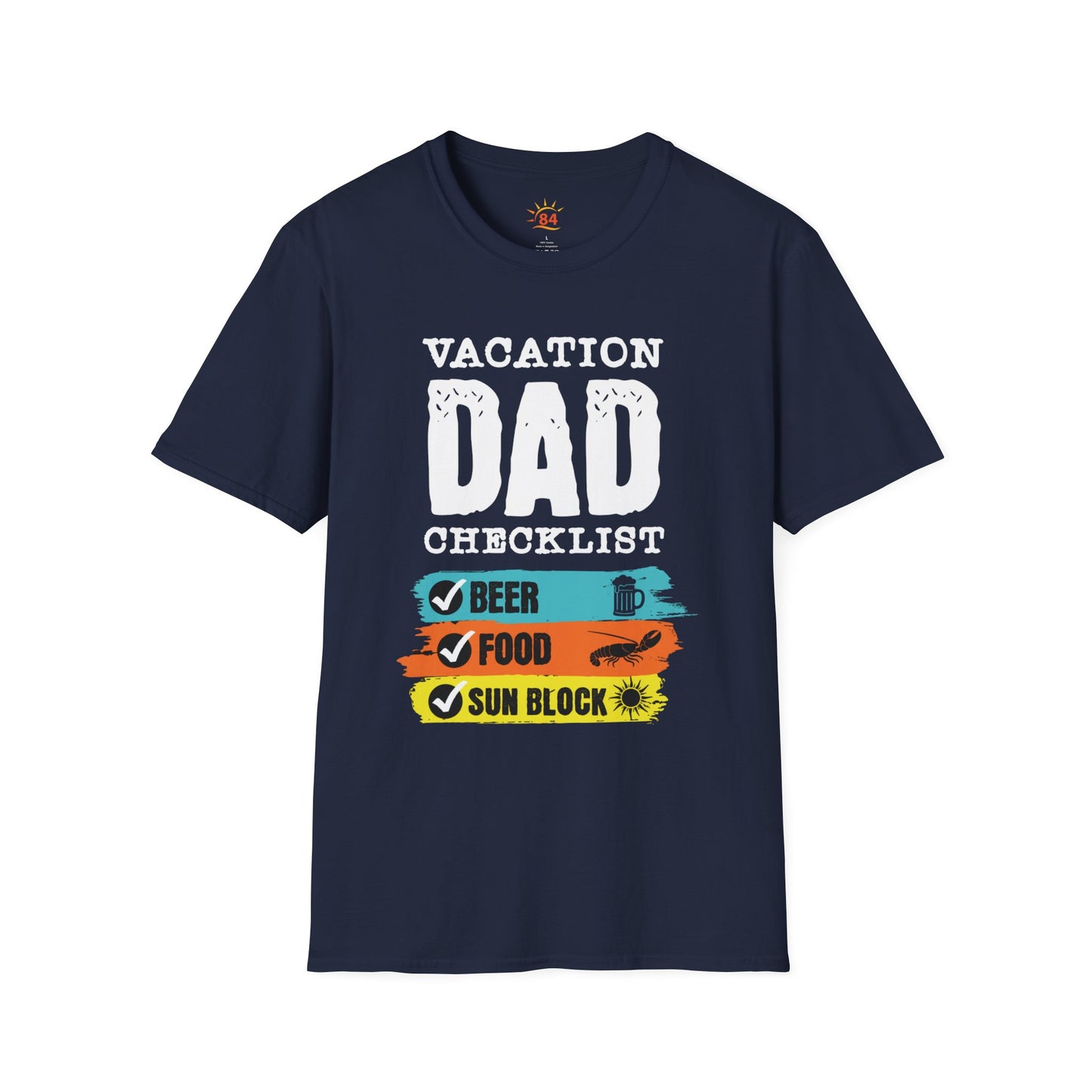 A navy blue t-shirt with 'VACATION DAD CHECKLIST' text and bold text and graphics