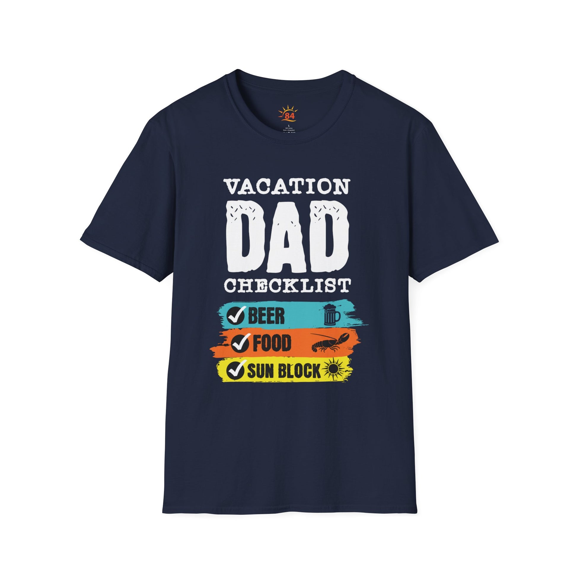 A navy blue t-shirt with 'VACATION DAD CHECKLIST' text and bold text and graphics