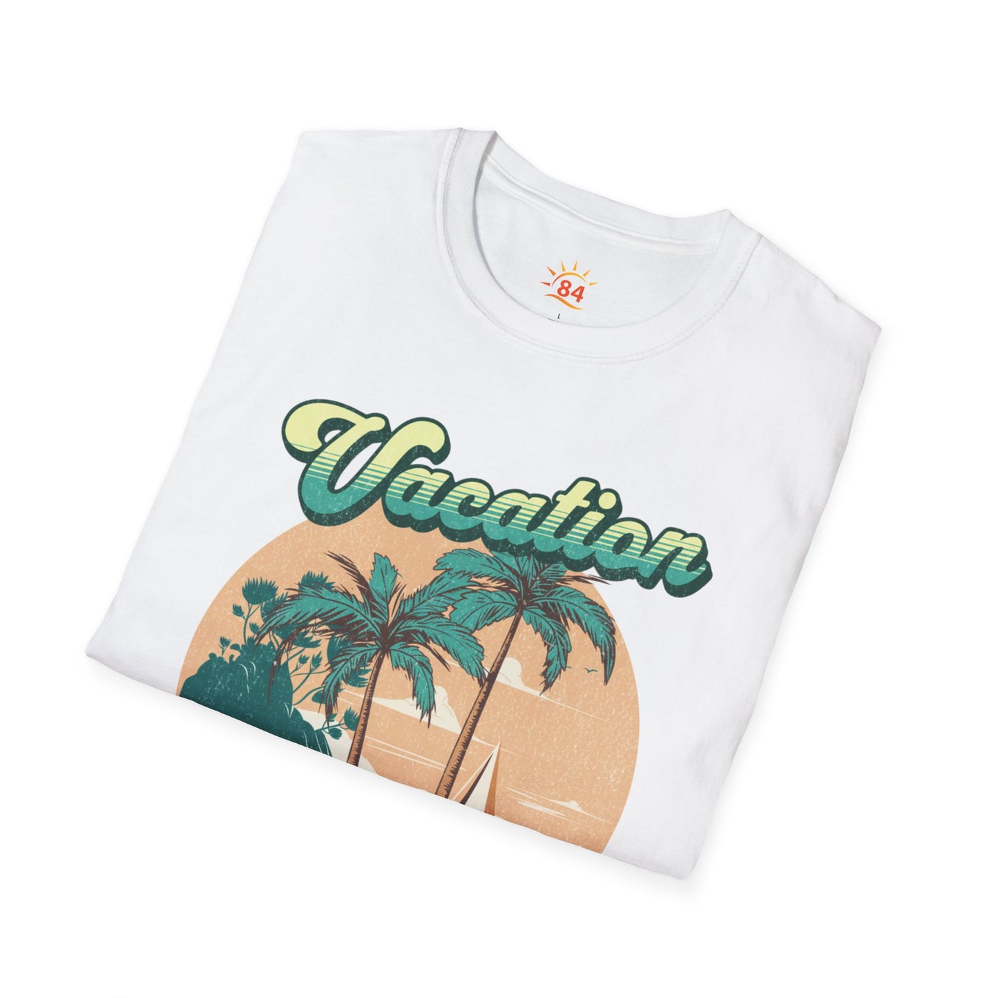 A folded white t-shirt with a graphic print and text that says Vacation - State of Mind - Do not disturb
