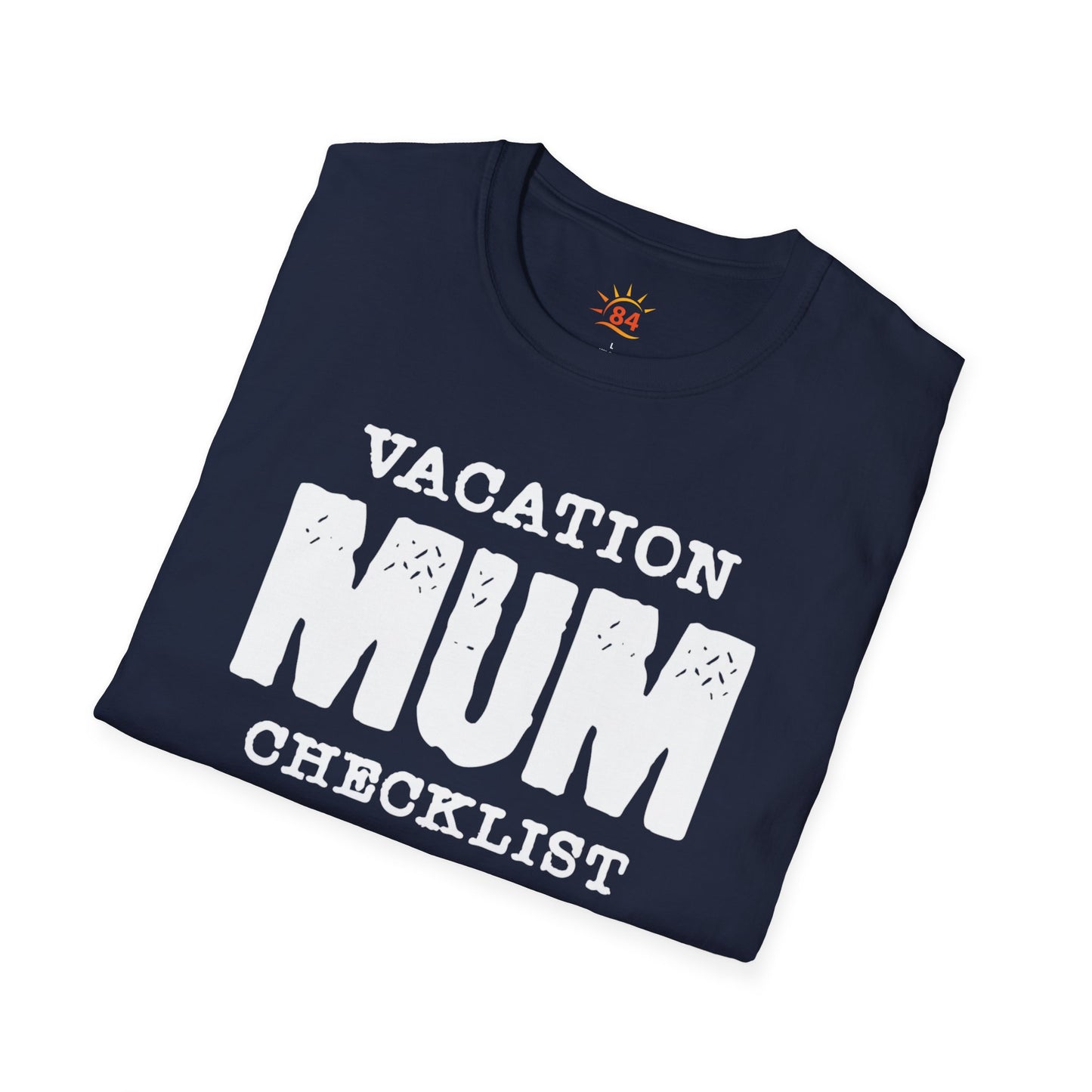 A folded navy blue t-shirt with 'VACATION MUM CHECKLIST' text and bold text and graphics
