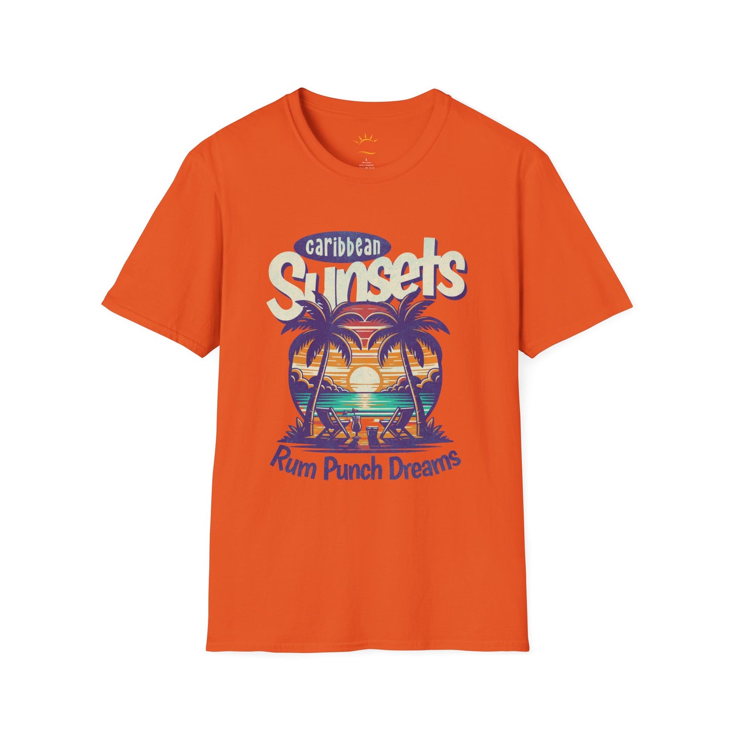 An orange t-shirt that says Caribbean Sunsets, Rum Punch Dreams with a beach sunset graphic.
