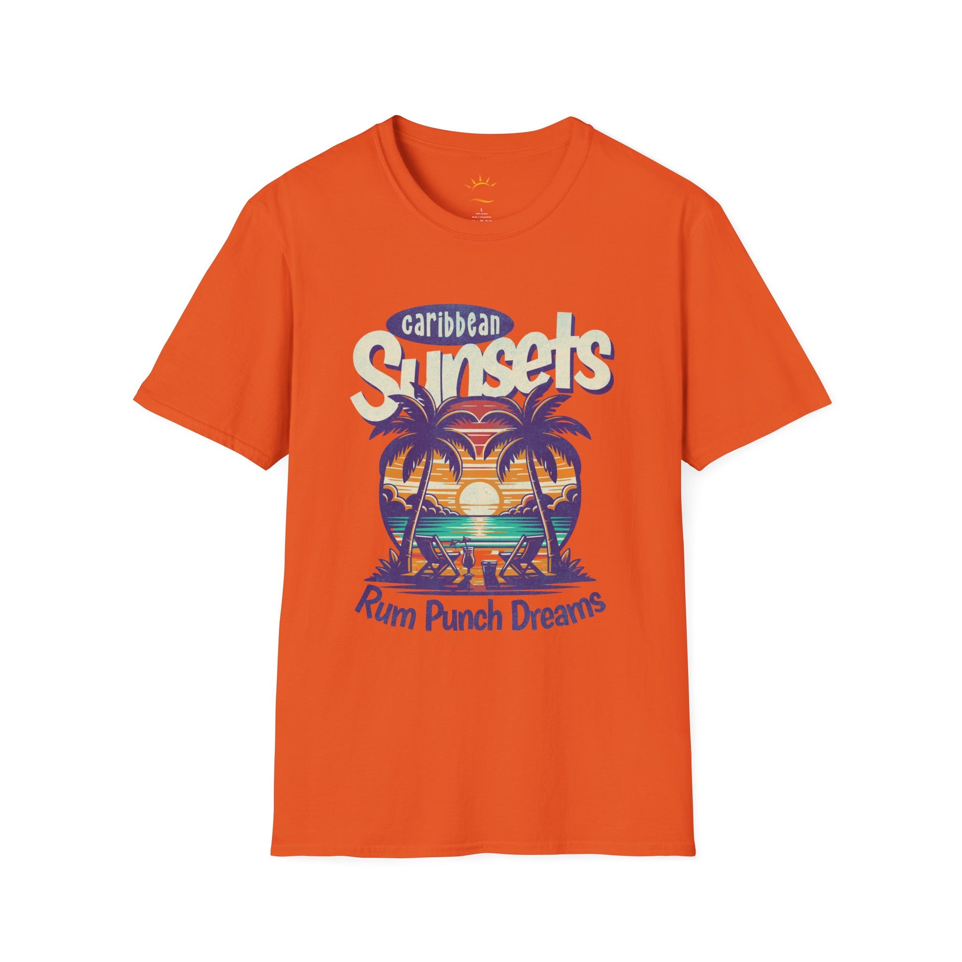 An orange t-shirt that says Caribbean Sunsets, Rum Punch Dreams with a beach sunset graphic.