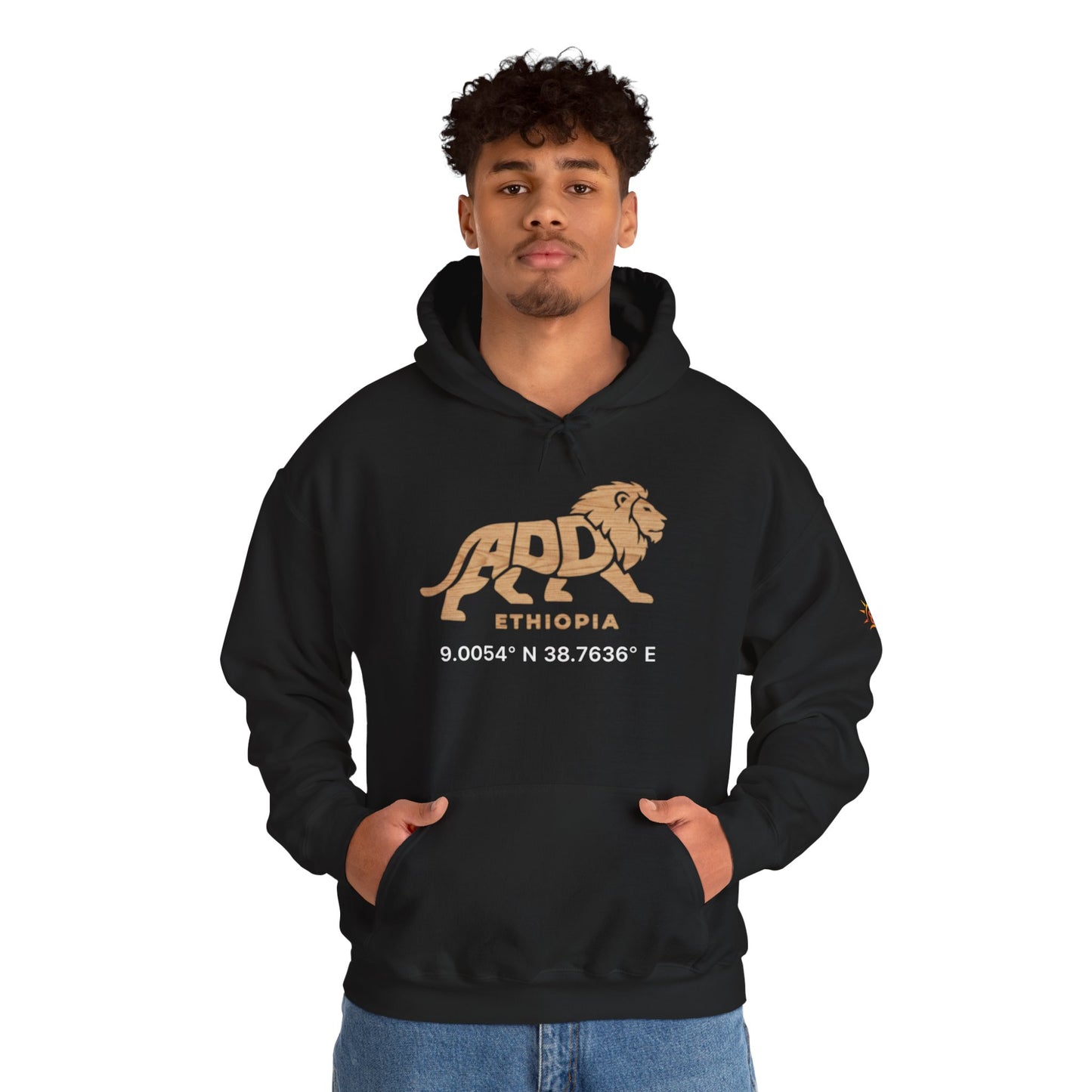 Man wearing a black hoodie with a lion logo and Addis Ababa, Ethiopia coordinates 