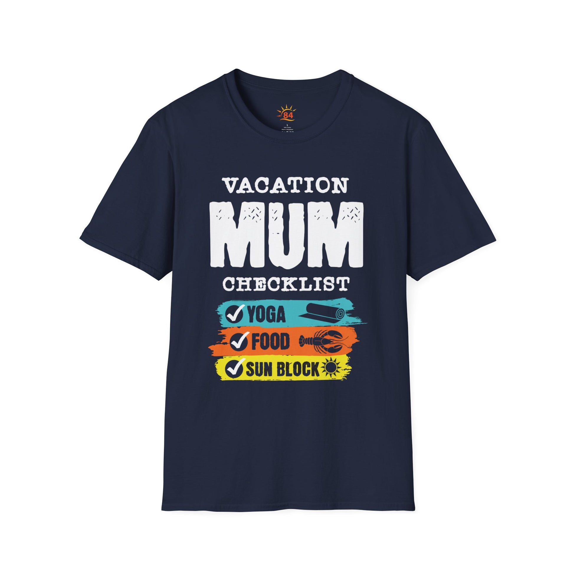 A navy blue t-shirt with 'VACATION MUM CHECKLIST' text and bold text and graphics