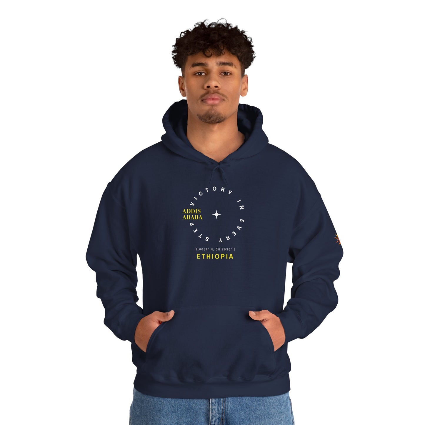 Man wearing a navy blue Ethiopian Addis Ababa hoodie with minimalist text design 