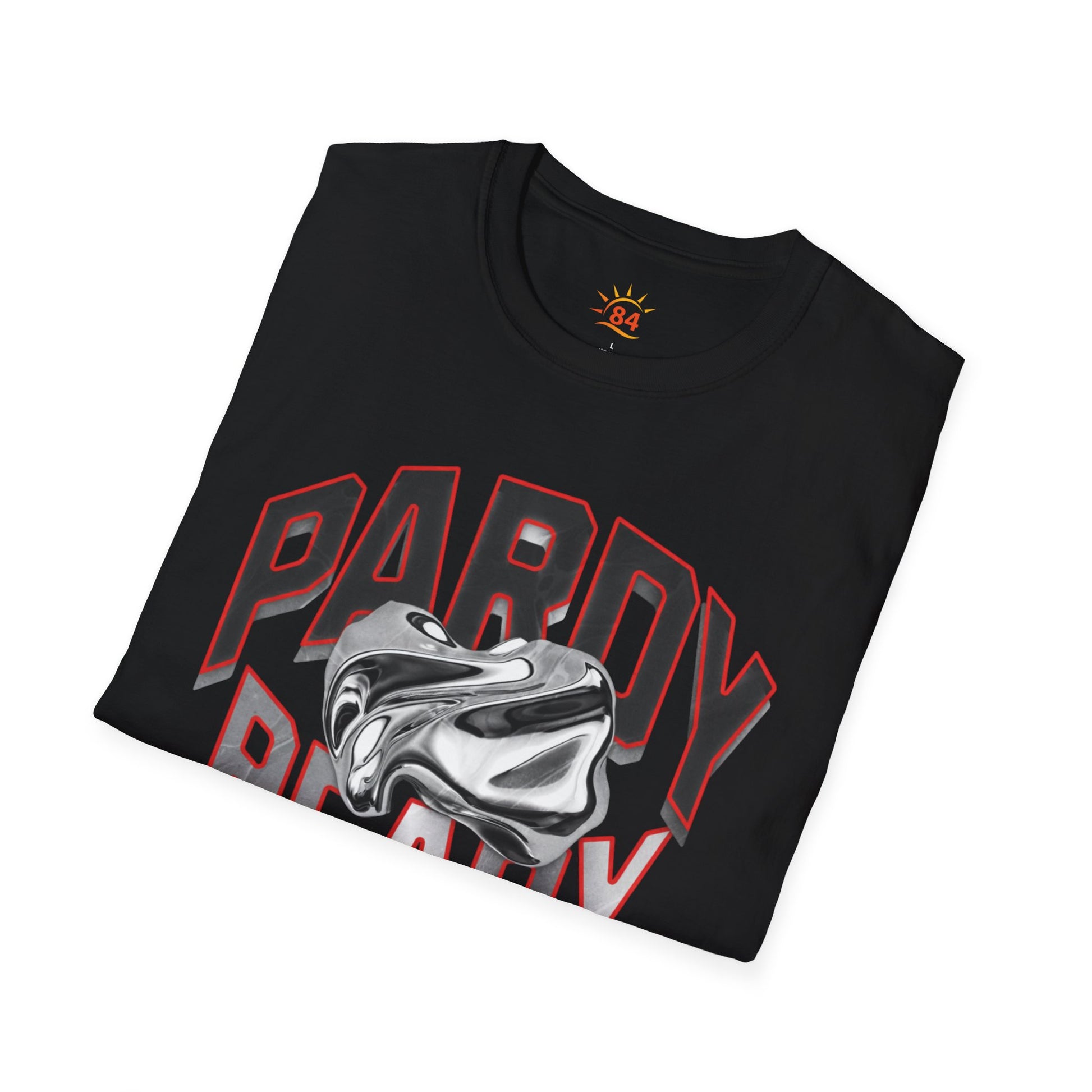 A folded black carnival t-shirt with 'Pardy Ready' graphic.